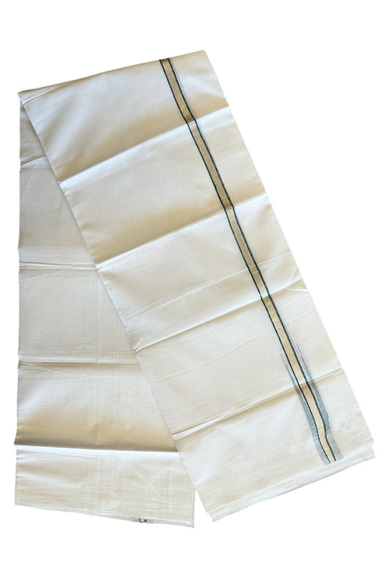 8% Discount ! Kaitharikada Balaramapuram 100% Cotton PURE WHITE Double Mundu/Dothi- 0.5 inch Silver Kasavu & Dark Green Striped Chutty Kara - 36KK5032GAN