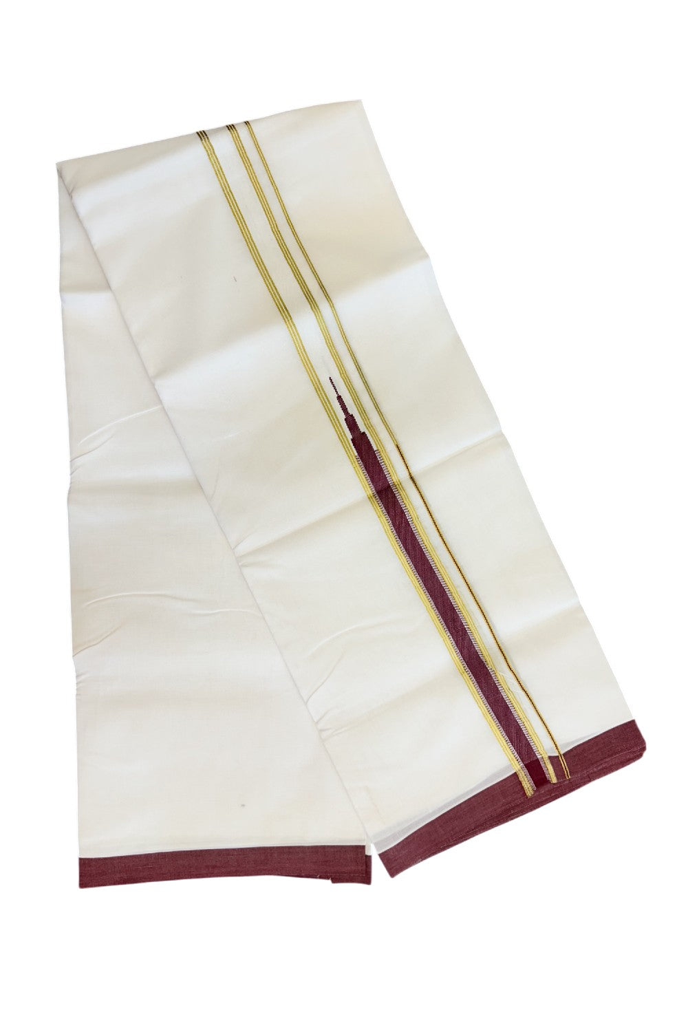 15% Discount !!KaithariKada Balaramapuram 100% Cotton PURE White Double Mundu/Dhoti - 100x100 - 1.75 inch Heavy Chutty Kasavu & Maroon kara - 36KK5043ASH