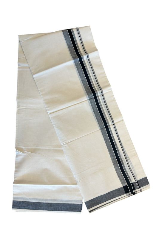 21% DISCOUNT ! KaithariKada Balaramapuram 100% Cotton Double Off white (Unbleached) Mundu/Dhoti-100X100- 2 inch BLACK &WHITE  Kara-2KK76MC .