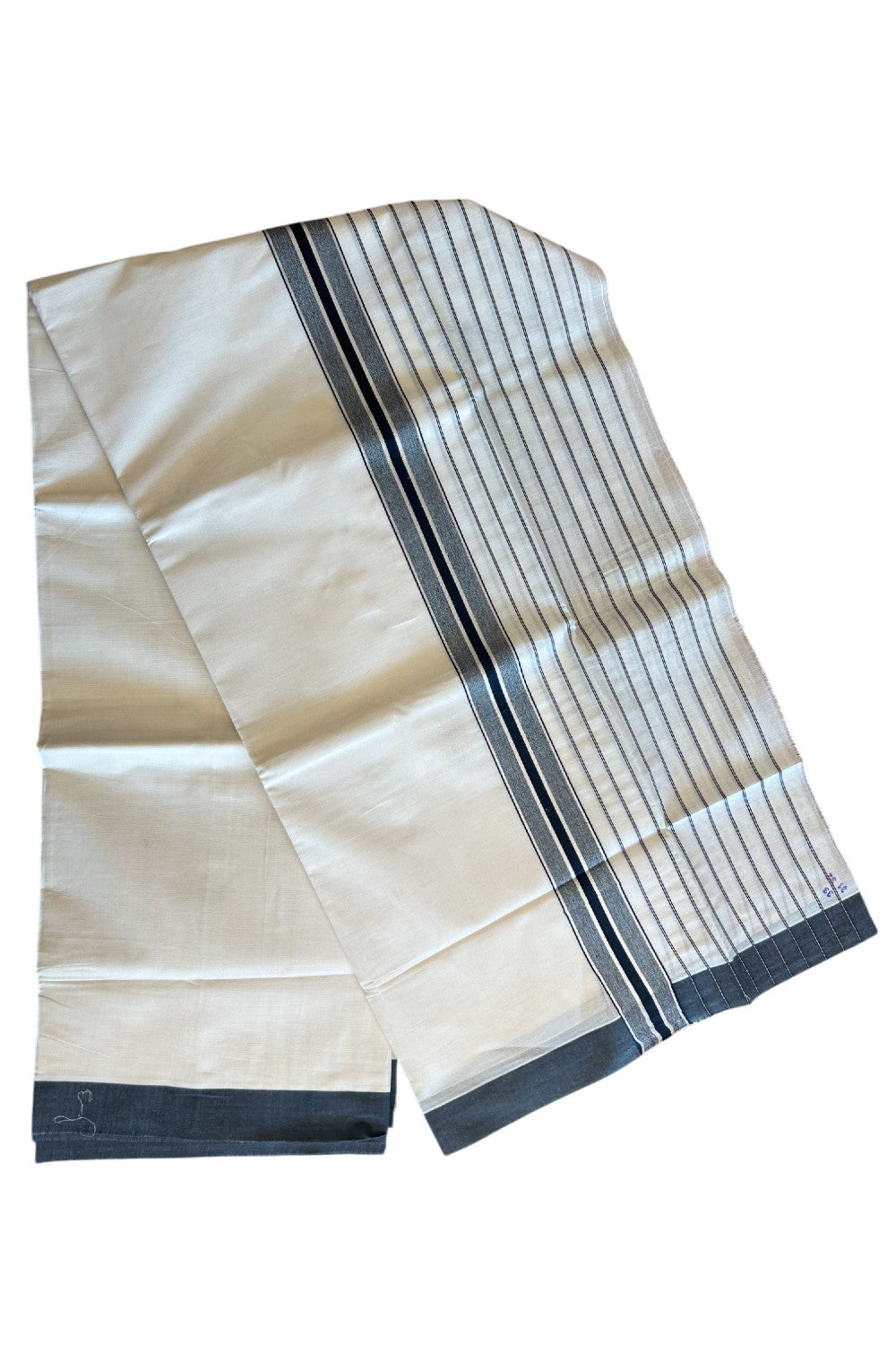 20% Discount !! KaithariKada Balaramapuram Double Off white - (Unbleached) Mundu/Dhoti- 100x90- 8 inch Black & Silver Striped kara 3.90m- 36KK5113PMC