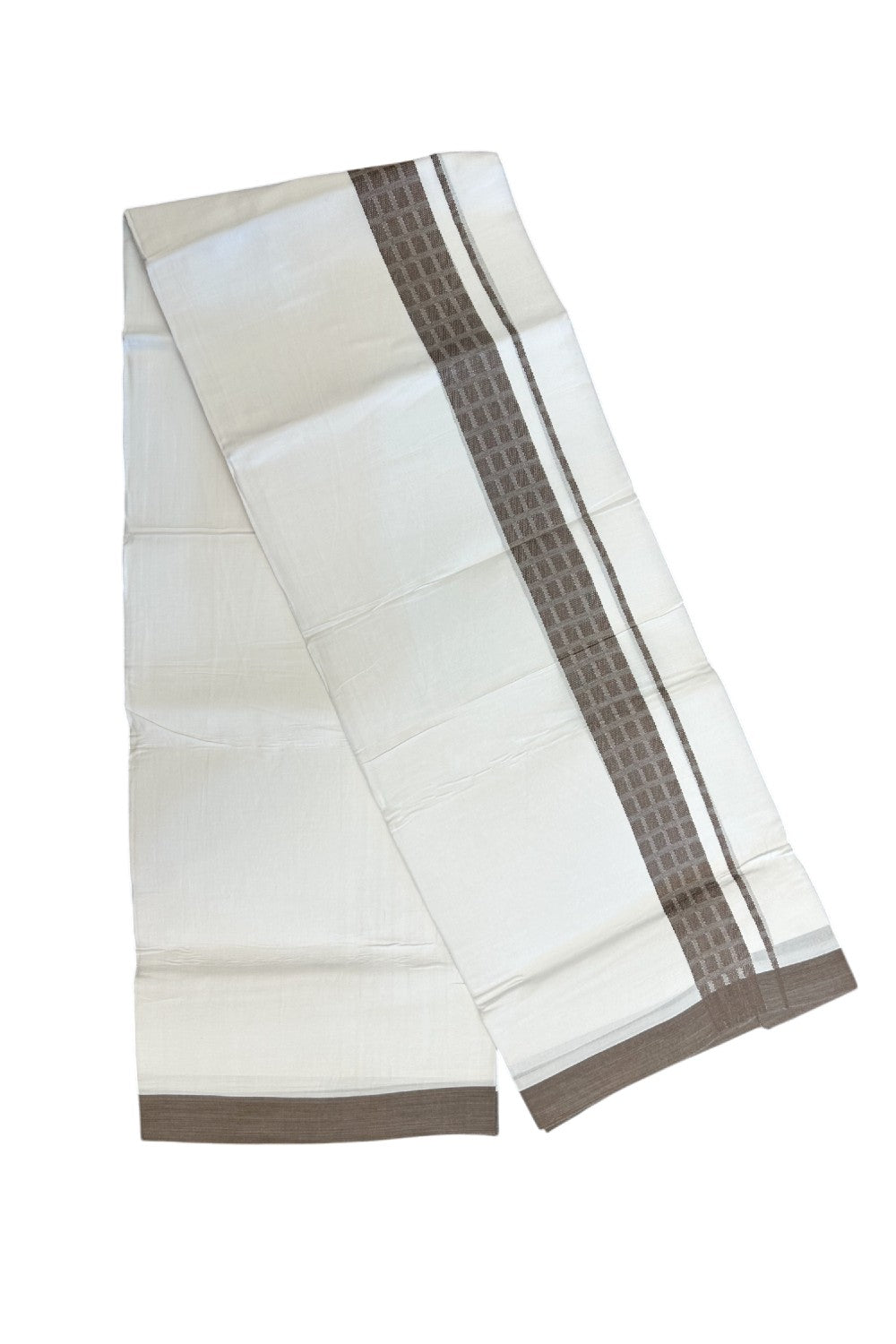 20% DISCOUNT! KaithariKada Balaramapuram Double PURE WHITE 100% Cotton Mundu/Dhoti - 100x80 - 1.5 inch Jacquard Brown Check Kara - 36KK5139THI