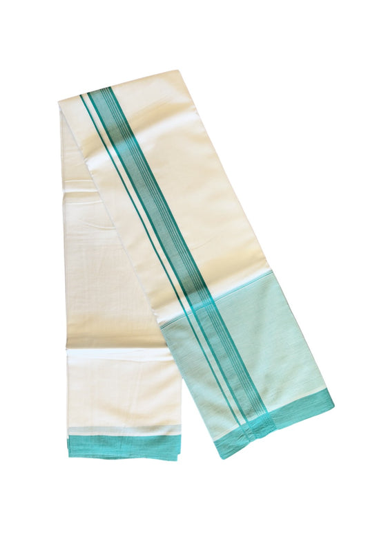 15% DISCOUNT!! Kaitharikada Balaramapuram 100% Cotton Ultra WHITE Double Mundu/Dothi-100x100 TURQUOISE GREEN SHADED Cotton Kara - 36KK74RAM