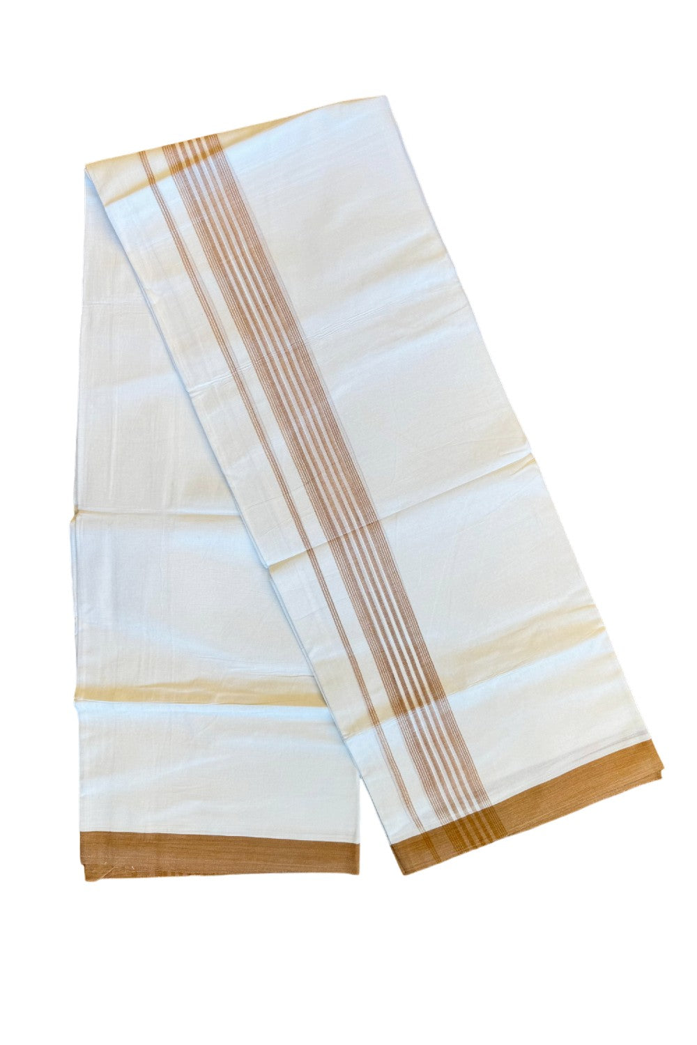 19% DISCOUNT!!! KaithariKada Balaramapuram 100% Cotton Double PURE white Mundu/Dhoti-100x100   2.5 Inch  light brown striped  kara  - 36KK83VIN