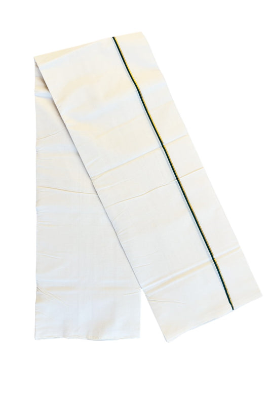 15% DISCOUNT!! KaithariKada HANDLOOM Unakkupaavu Balaramapuram - 100% PURE Cotton OFF White (Unbleached) Double Mundu/Dothi - Dark GREEN KASAVU  STRIPED 2.cm Kara- KK46SOM-36.