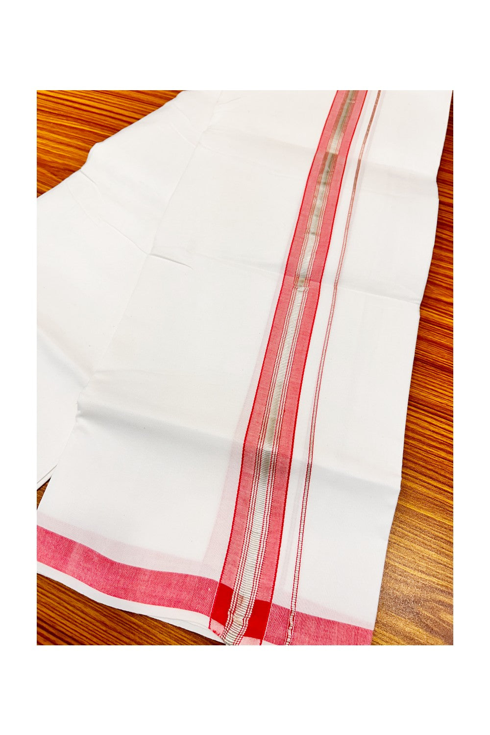 20% OFFER! KaithariKada 100% Cotton Balaramapuram HANDLOOM Single  PURE WHITE Mundu/Dhoti - 2 inch Pinkish Red  Silver  Kasavu Kara &  Stripes Design - 36KAI.