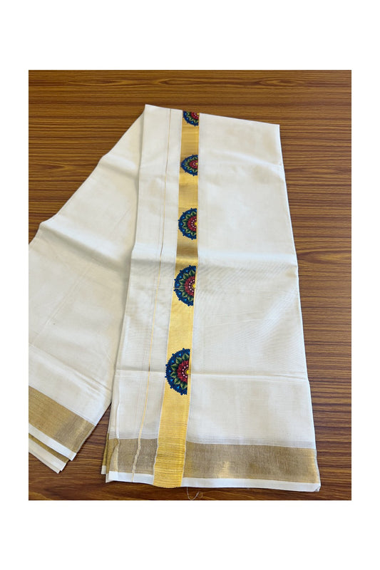 20% Discount !! KaithariKada Balaramapuram 100% Cotton Double Off white Mundu/Dhoti-80x72 - 2.5inch Hand Painted Flower & Kasavu Design - 36KK207PMC