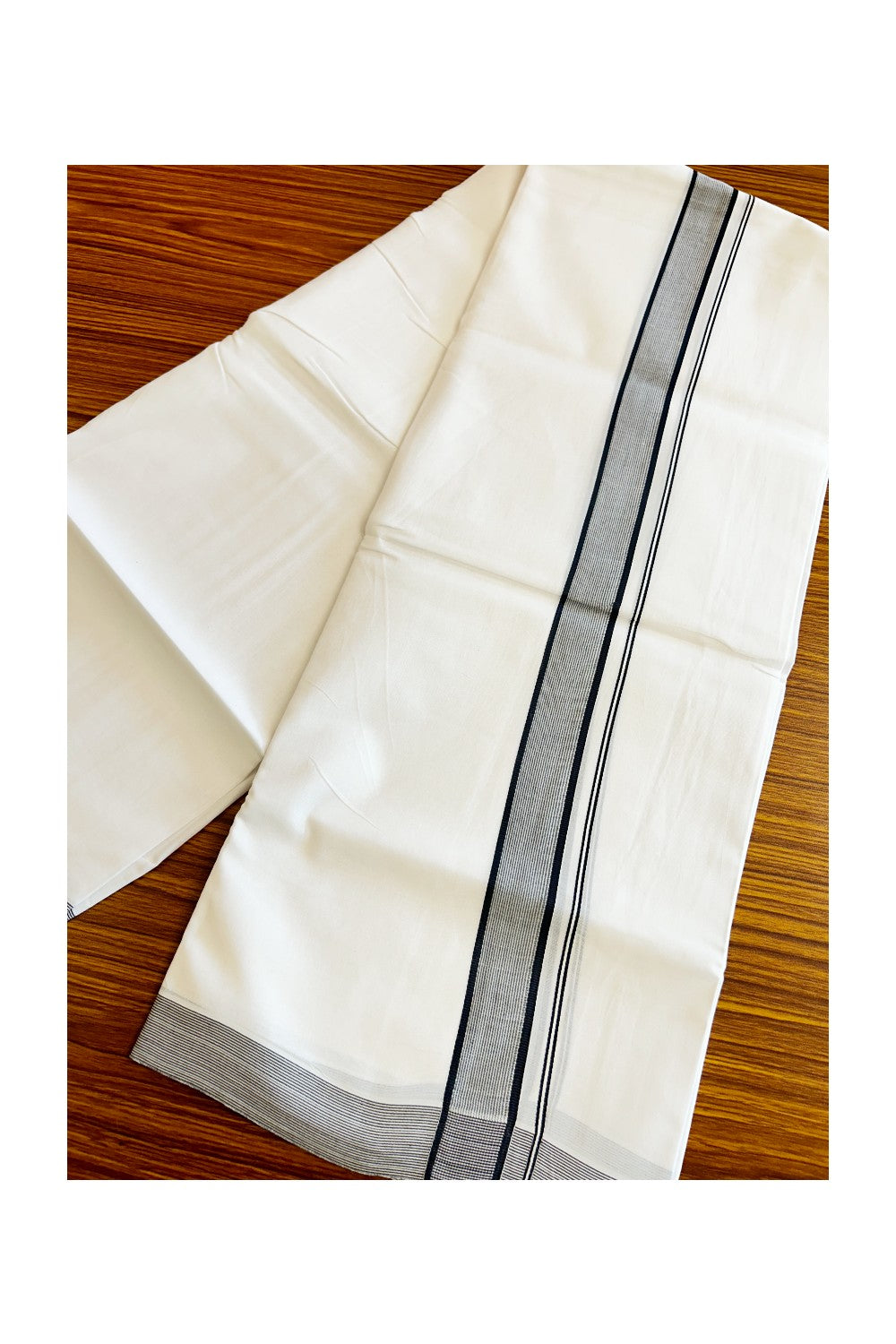 17% DISCOUNT!! KaithariKada Balaramapuram 100% Cotton PURE WHITE Double Mundu/Dhoti-100x100  1.75inch BLACK STRIPED  KARA.