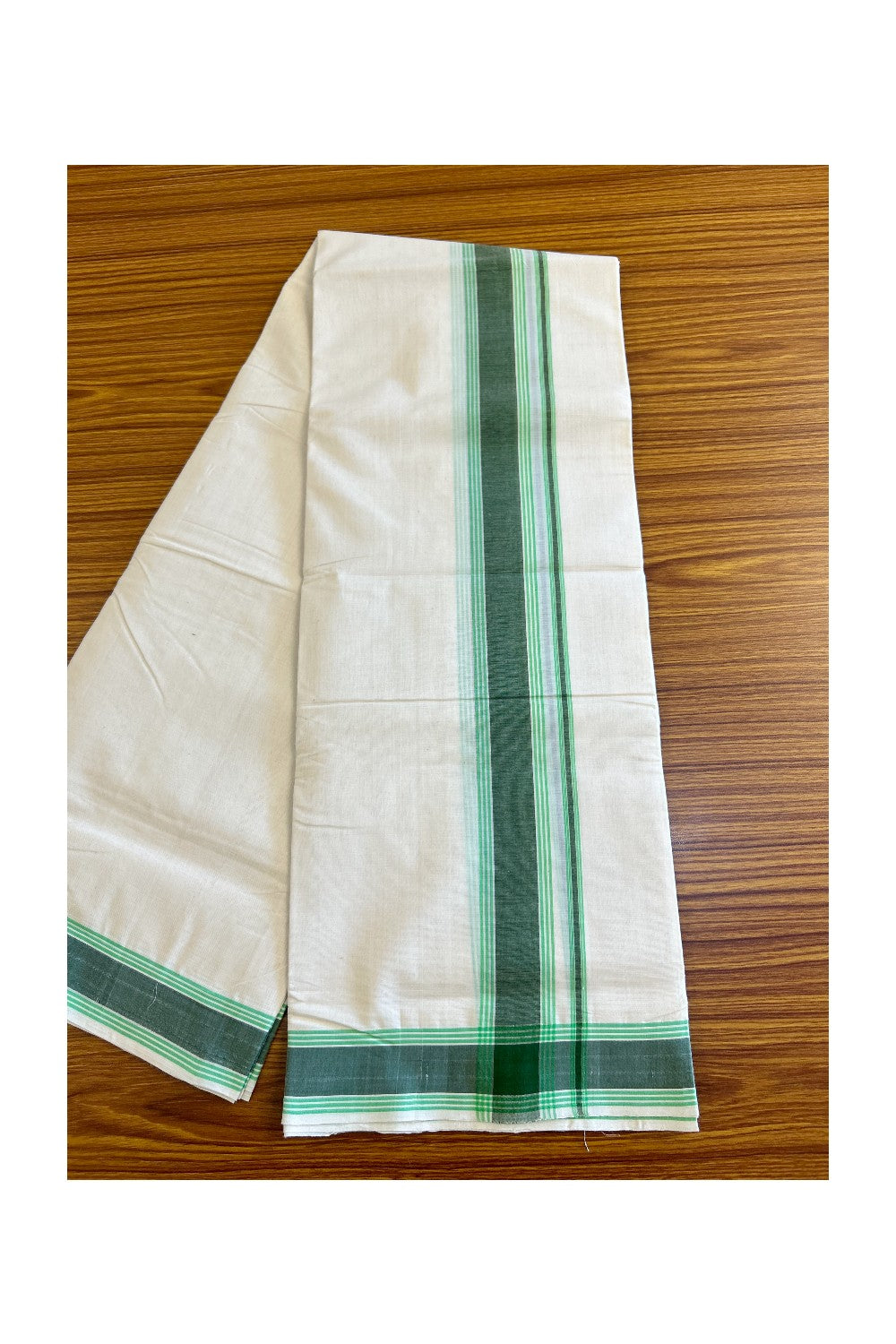 15% Discount!!! KaithariKada HANDLOOM Millpaav Balaramapuram - 100% PURE Cotton off white (Unbleached) Double Mundu/Dhoti - Dark green & Lime green stripes kara - 36KK458SOM