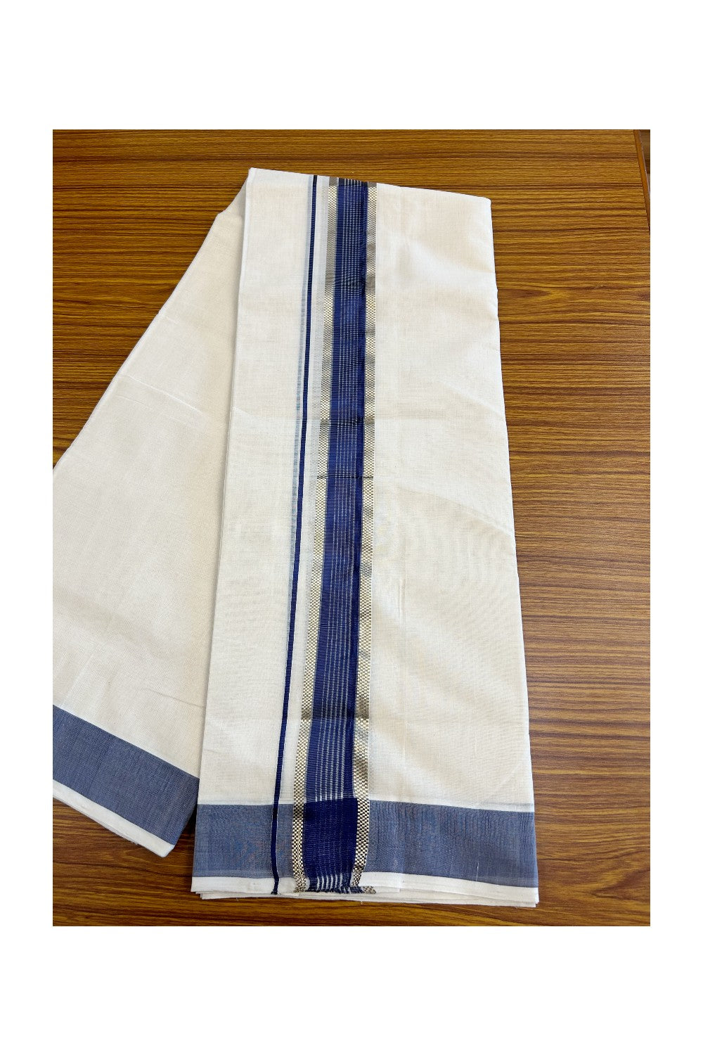 8% DISCOUNT!! KaithariKada HANDLOOM millpaav Balaramapuram - 100% PURE Cotton OFF White Double Mundu/Dothi - 2.75 inch  Navy Blue & Gold Kasavu Striped kara - 36KK5029RAM