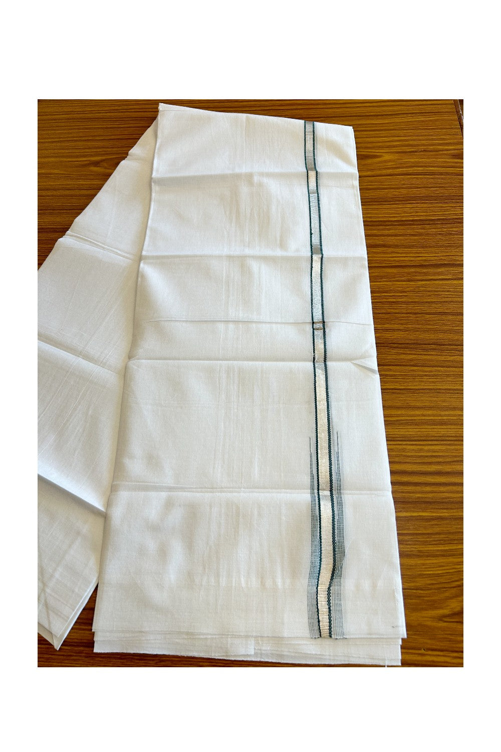 8% Discount ! Kaitharikada Balaramapuram 100% Cotton PURE WHITE Double Mundu/Dothi- 0.5 inch Silver Kasavu & Dark Green Striped Chutty Kara - 36KK5032GAN