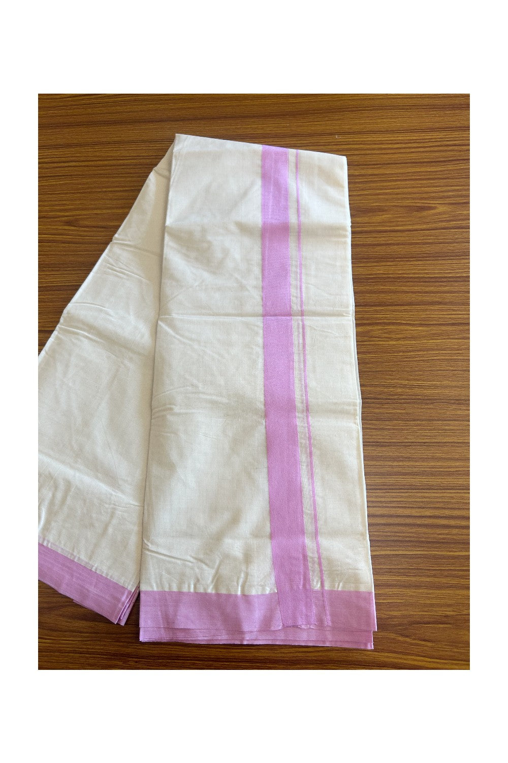 23% DISCOUNT ! KaithariKada Balaramapuram 100% Cotton Double Off white - (Unbleached) Mundu/Dhoti-100X100-  LAVENDER VIOLET 2. inch  Kara.- 10.