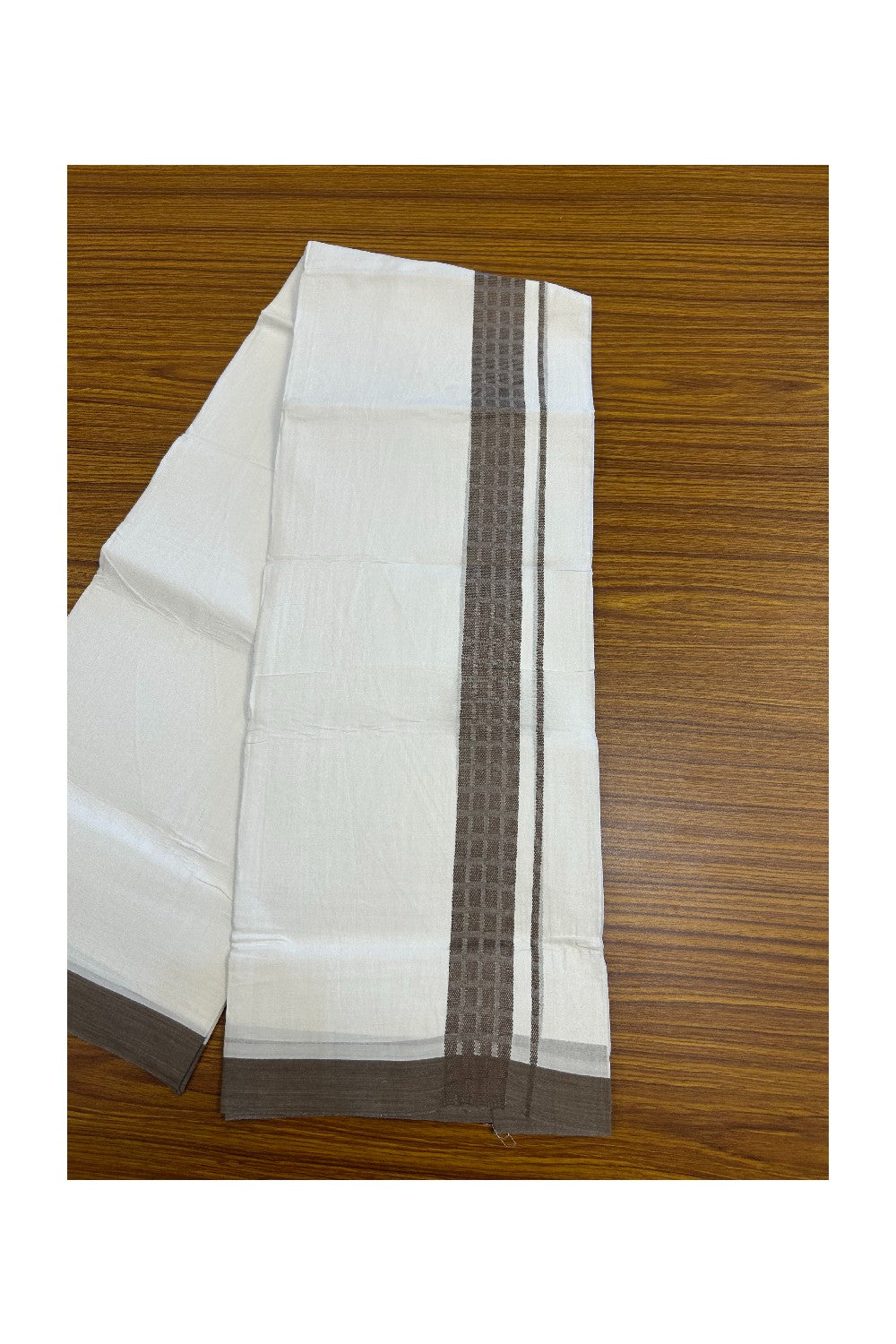 20% DISCOUNT! KaithariKada Balaramapuram Double PURE WHITE 100% Cotton Mundu/Dhoti - 100x80 - 1.5 inch Jacquard Brown Check Kara - 36KK5139THI