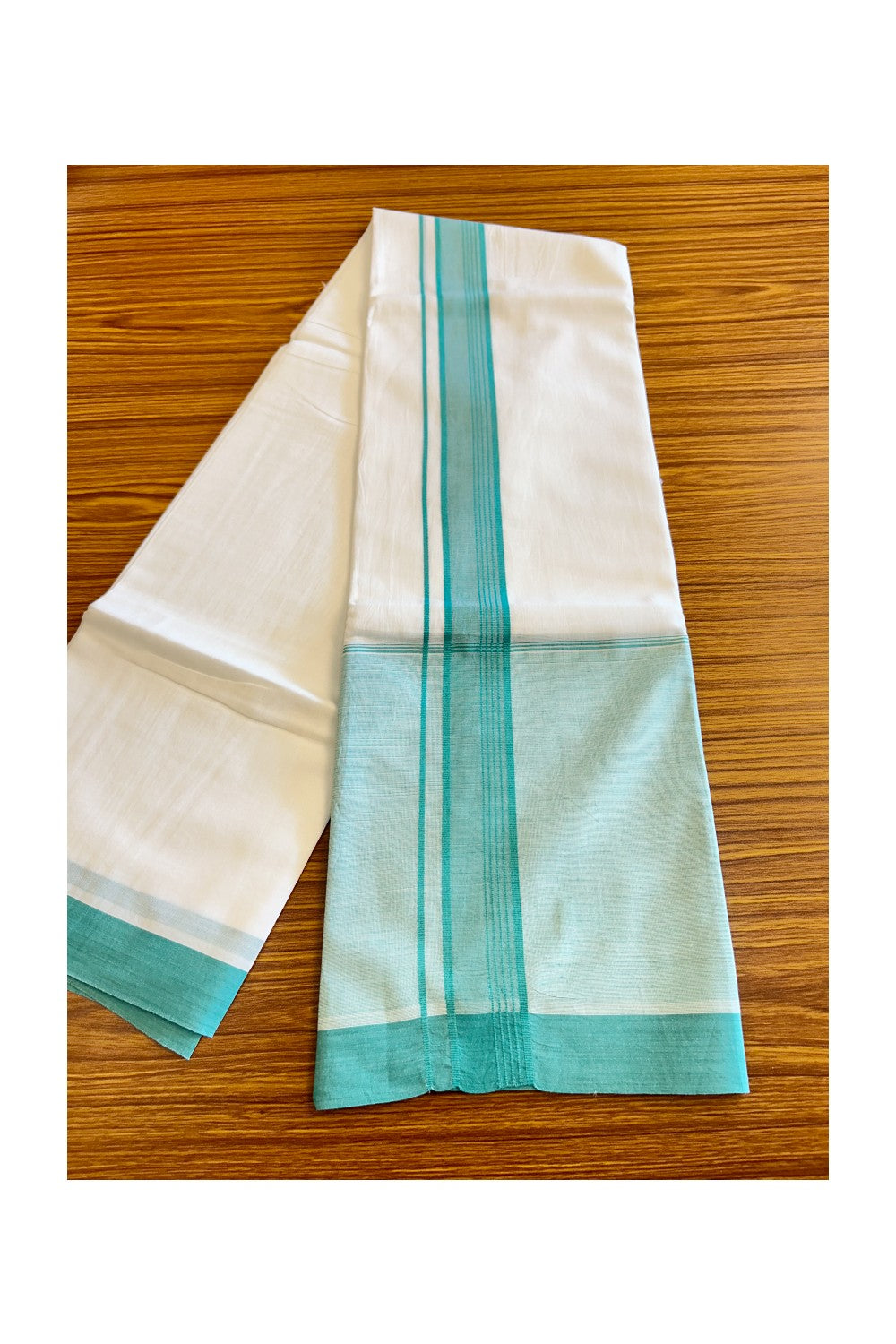 15% DISCOUNT!! Kaitharikada Balaramapuram 100% Cotton Ultra WHITE Double Mundu/Dothi-100x100 TURQUOISE GREEN SHADED Cotton Kara - 36KK74RAM