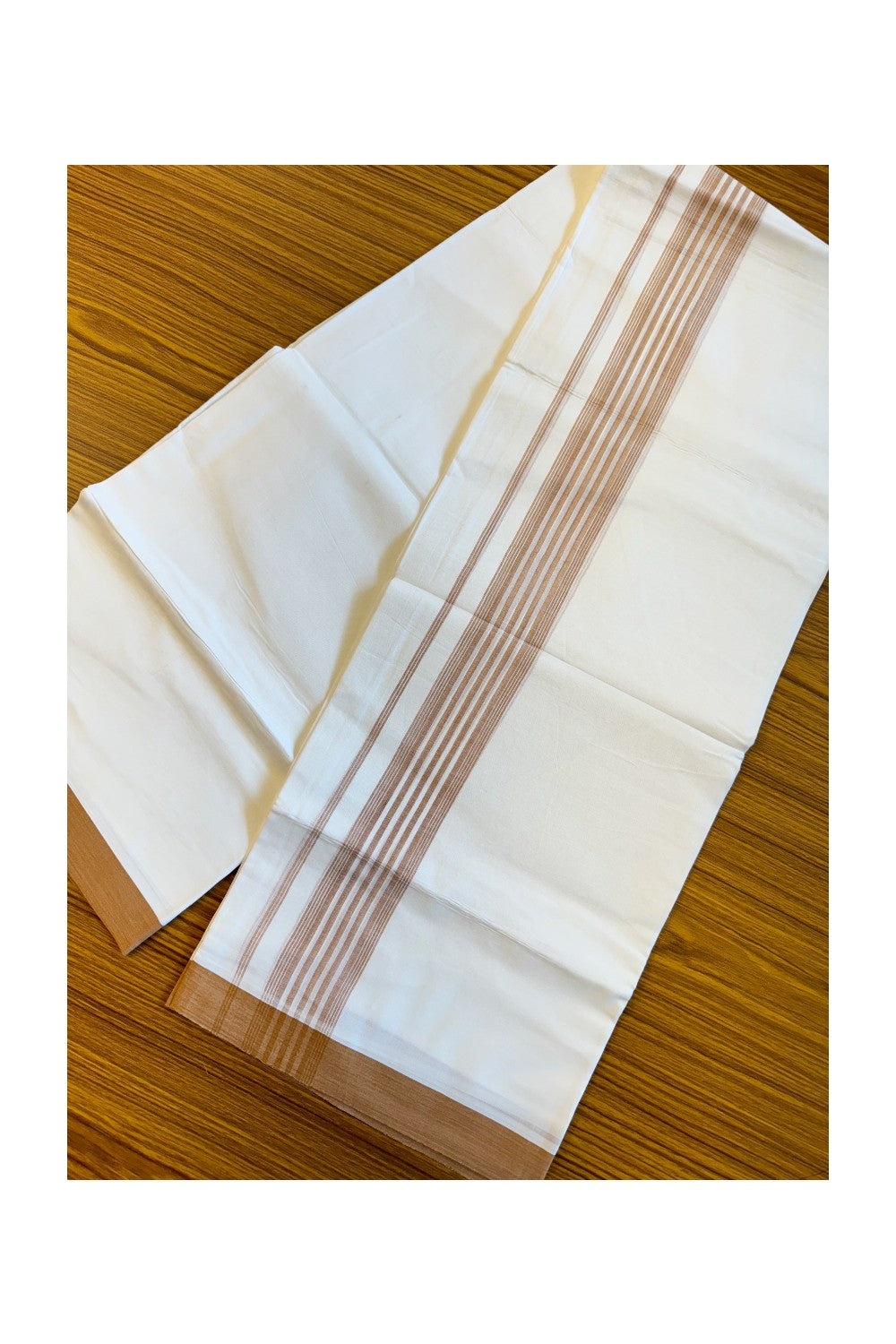 19% DISCOUNT!!! KaithariKada Balaramapuram 100% Cotton Double PURE white Mundu/Dhoti-100x100   2.5 Inch  light brown striped  kara  - 36KK83VIN