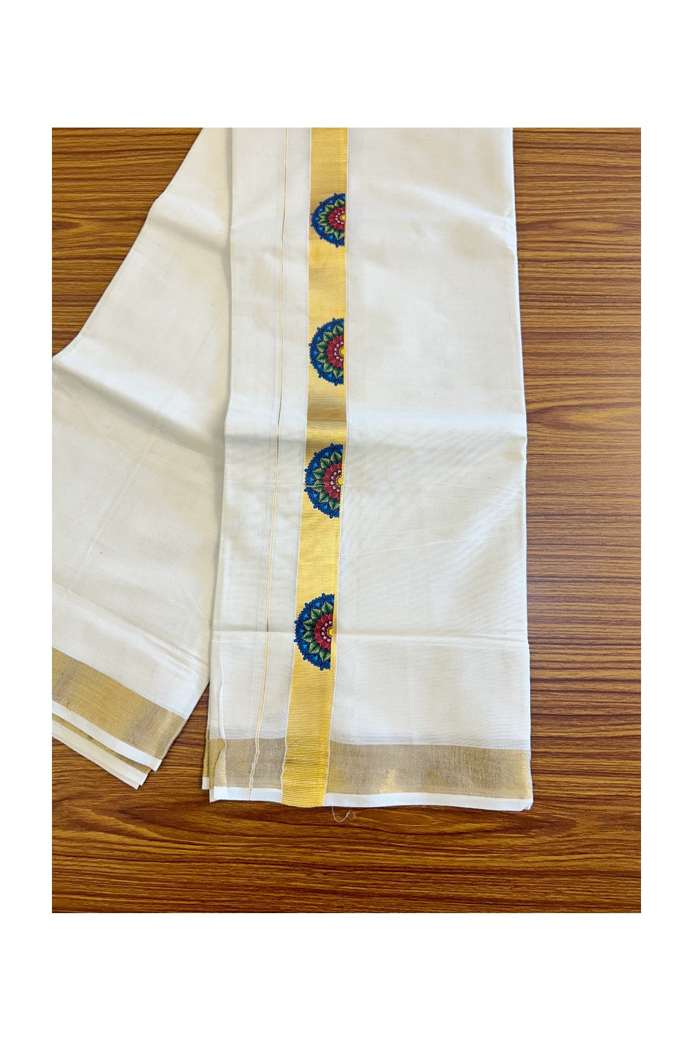 20% Discount !! KaithariKada Balaramapuram 100% Cotton Double Off white Mundu/Dhoti-80x72 - 2.5inch Hand Painted Flower & Kasavu Design - 36KK207PMC