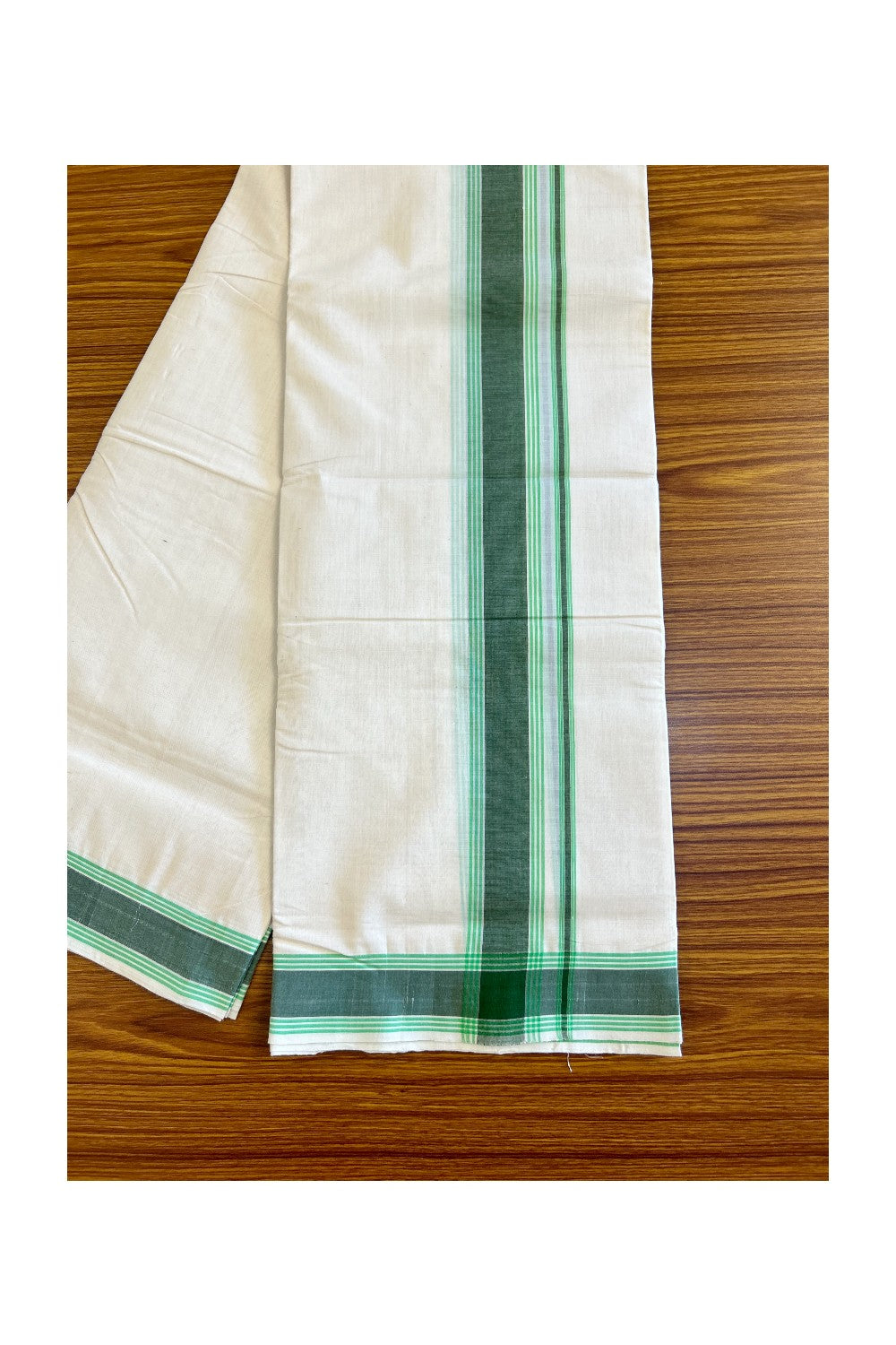 15% Discount!!! KaithariKada HANDLOOM Millpaav Balaramapuram - 100% PURE Cotton off white (Unbleached) Double Mundu/Dhoti - Dark green & Lime green stripes kara - 36KK458SOM