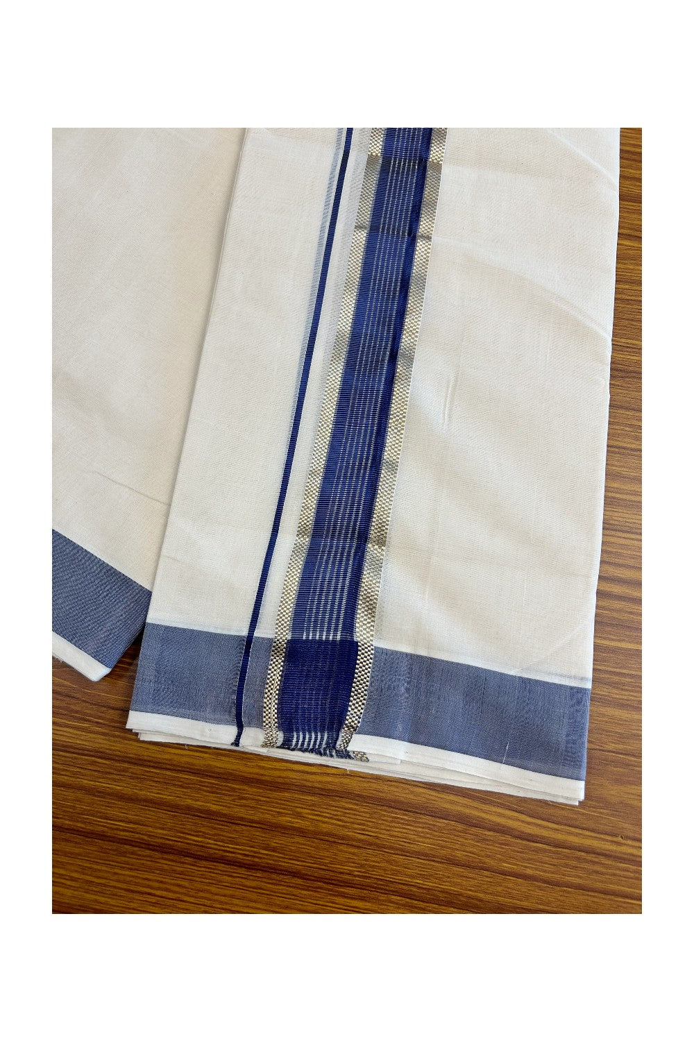 8% DISCOUNT!! KaithariKada HANDLOOM millpaav Balaramapuram - 100% PURE Cotton OFF White Double Mundu/Dothi - 2.75 inch  Navy Blue & Gold Kasavu Striped kara - 36KK5029RAM