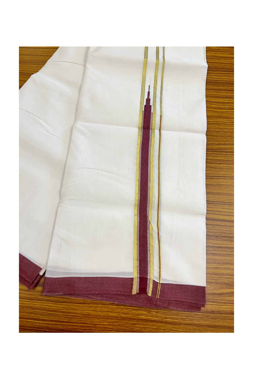 15% Discount !!KaithariKada Balaramapuram 100% Cotton PURE White Double Mundu/Dhoti - 100x100 - 1.75 inch Heavy Chutty Kasavu & Maroon kara - 36KK5043ASH