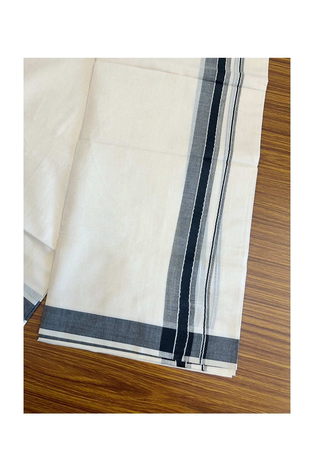 21% DISCOUNT ! KaithariKada Balaramapuram 100% Cotton Double Off white (Unbleached) Mundu/Dhoti-100X100- 2 inch BLACK &WHITE  Kara-2KK76MC .