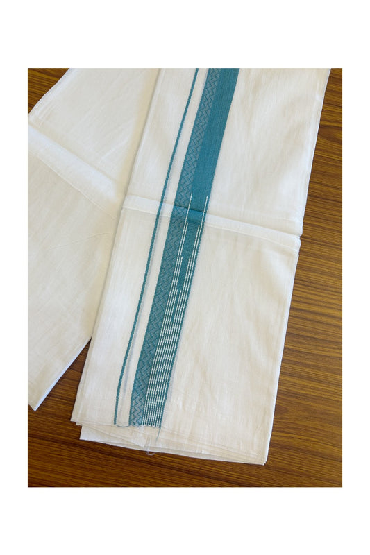 20% DISCOUNT!! Kaitharikada Balaramapuram 100% Cotton PURE WHITE Double Mundu/Dothi - 80X90 - 1.5 Inch Marine Teal Blue design Kara 3.70 m (8 Muzham) - 55KK5115THI