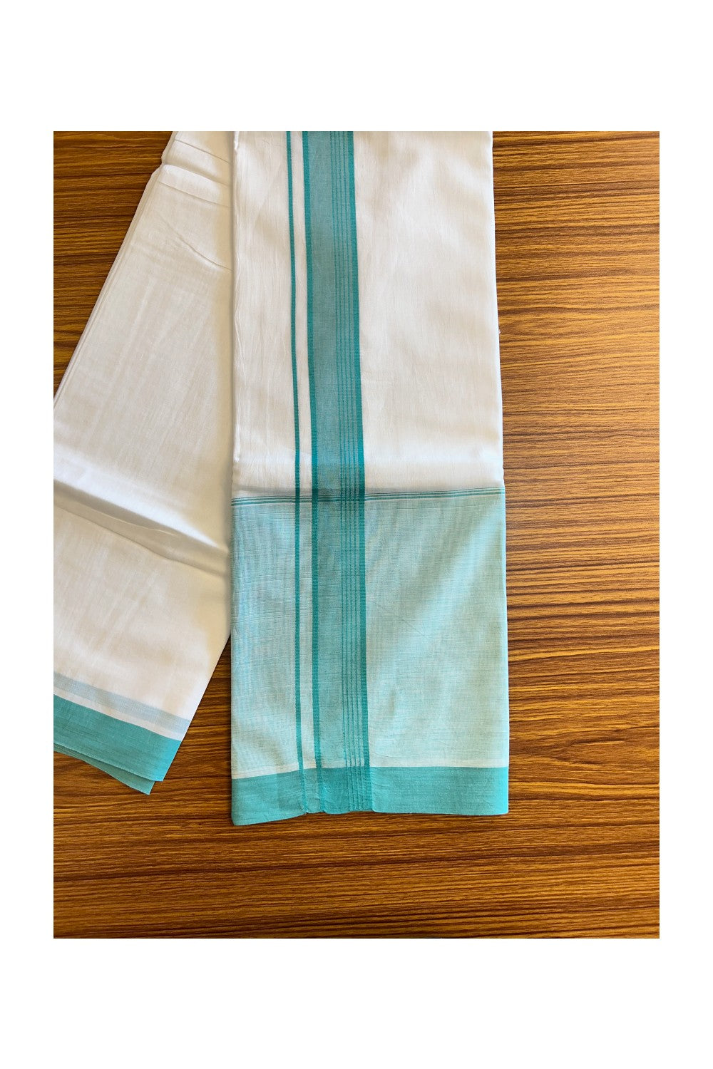 15% DISCOUNT!! Kaitharikada Balaramapuram 100% Cotton Ultra WHITE Double Mundu/Dothi-100x100 TURQUOISE GREEN SHADED Cotton Kara - 36KK74RAM