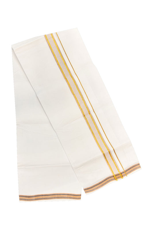 20% OFFER! KaithariKada 100% Cotton Balaramapuram HANDLOOM Single  PURE WHITE Mundu/Dhoti - 2 inch Light Brown  Kasavu Kara &  Stripes Design - 37KAI.