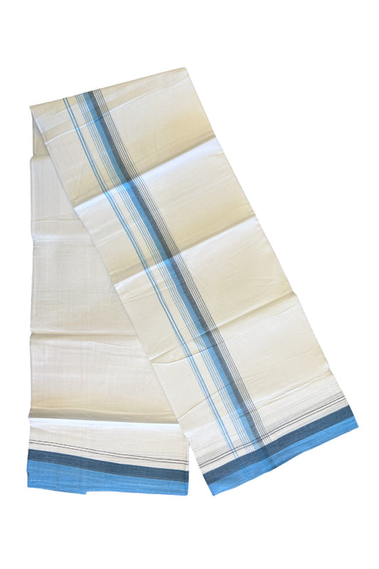 15% DISCOUNT!! Kaitharikada Balaramapuram 100% Cotton Ultra WHITE Double Mundu/Dothi-100x90  2.25 Inch Sky blue & Navy blue stripes kara - 37KK430VAS