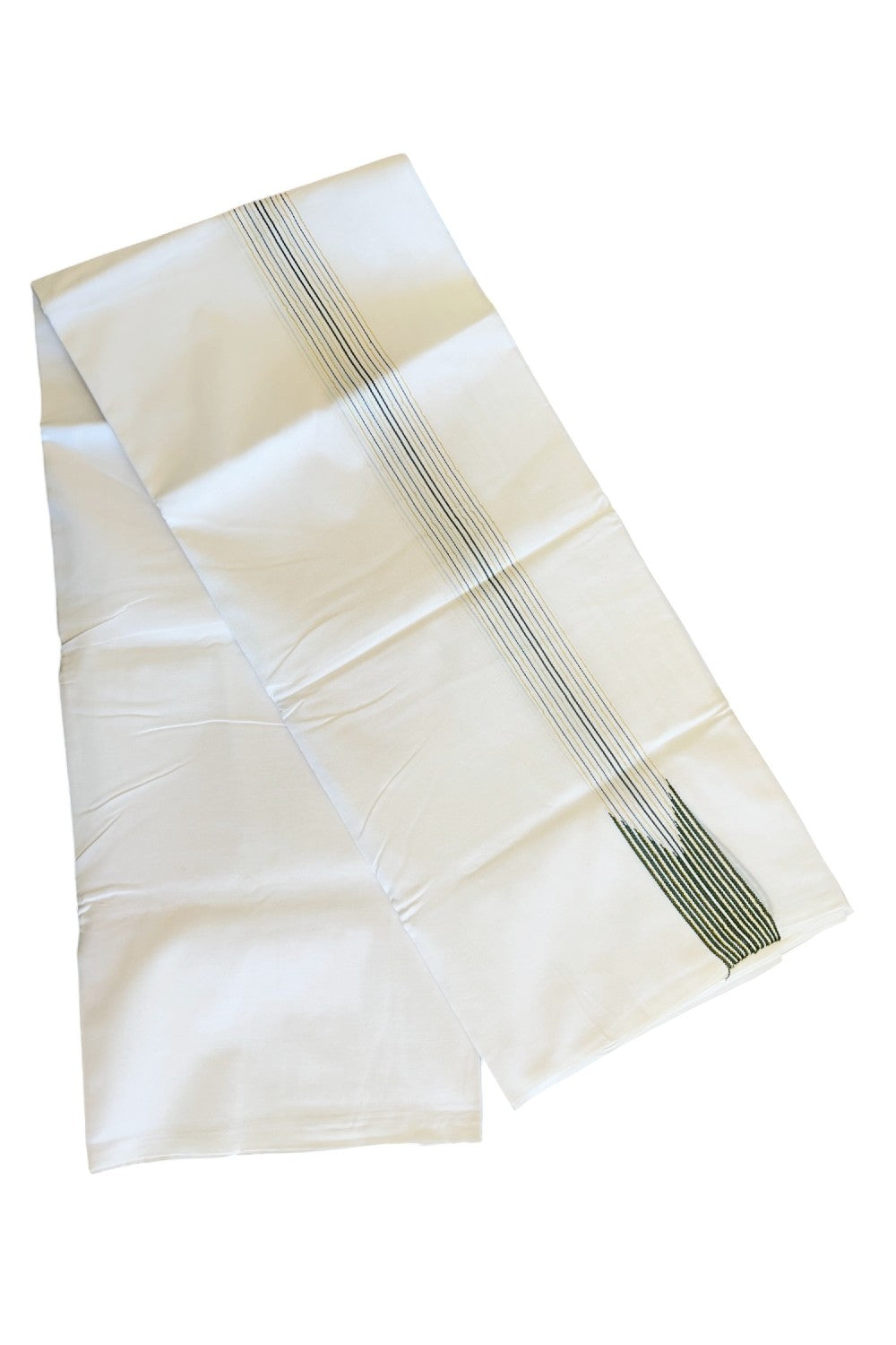 9% DISCOUNT!! KaithariKada Balaramapuram 100% Cotton PURE WHITE Double Mundu/Dhoti-100x100   1.5 inch  12 line Puliyilakkara chutty Kasavu & Dark olive green stripes - 37KK481ASH