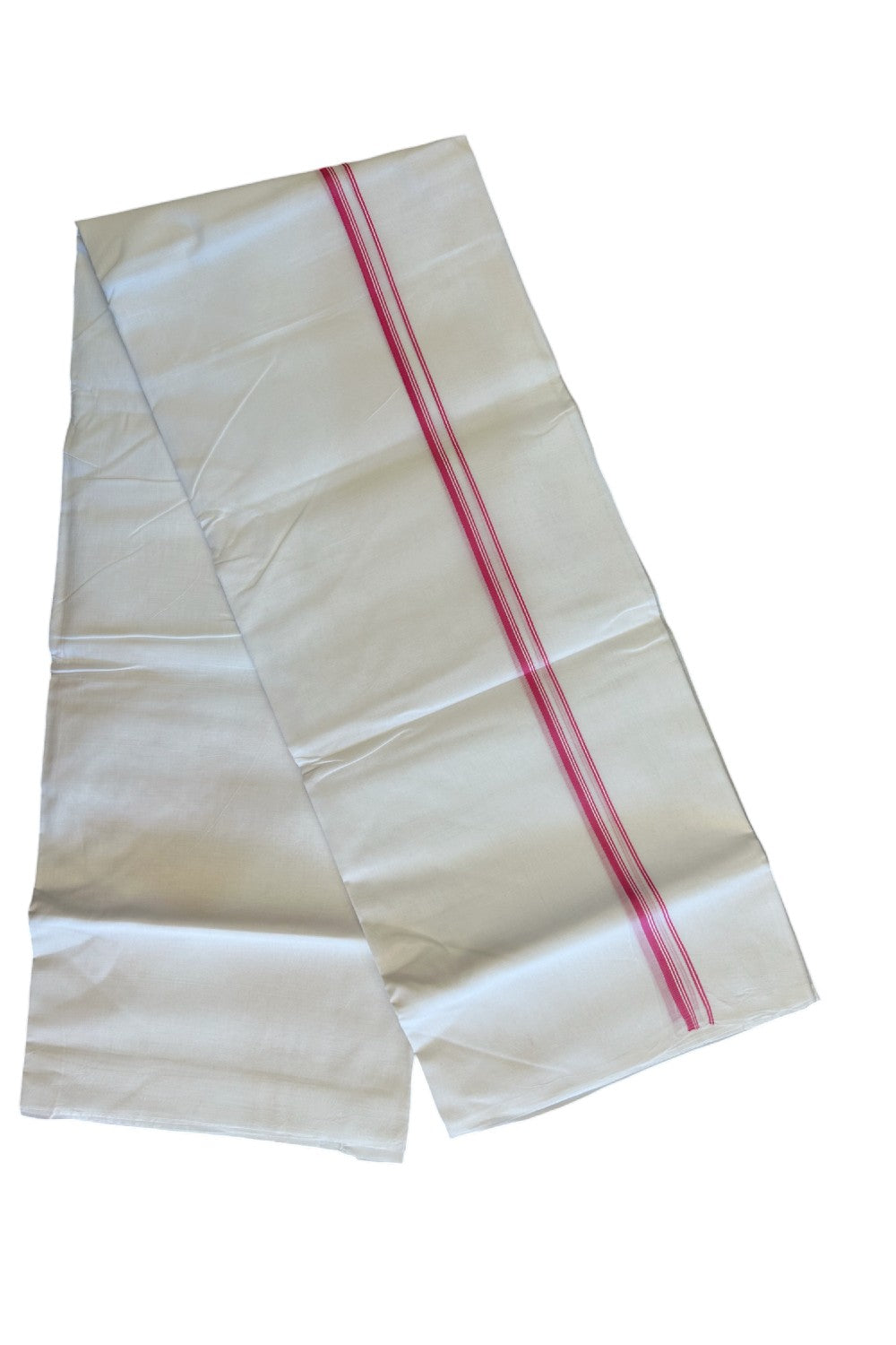 26% DISCOUNT ! KaithariKada Balaramapuram 100% Cotton Double Pure white Mundu/Dhoti-100X100 - Light Violet Pink & Stripes 2cm Kara.- 32KK487KK