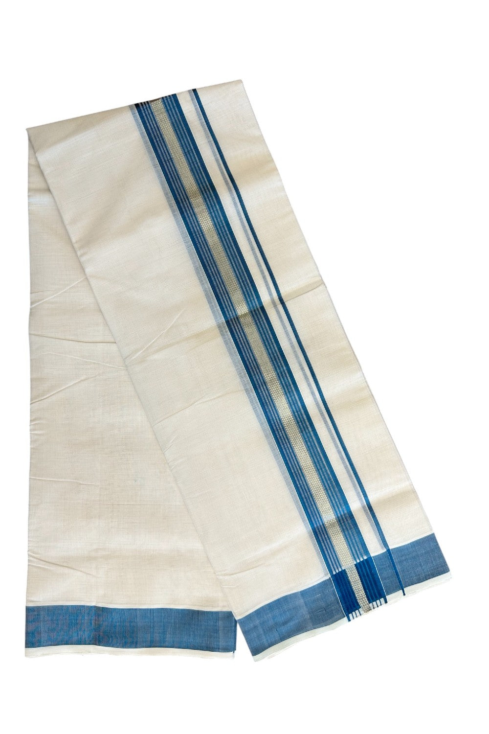 8% DISCOUNT!! KaithariKada HANDLOOM millpaav Balaramapuram - 100% PURE Cotton OFF White Double Mundu/Dothi - 2.75 inch   Peacock Blue & Gold Kasavu Striped kara - 37KK5029RAM