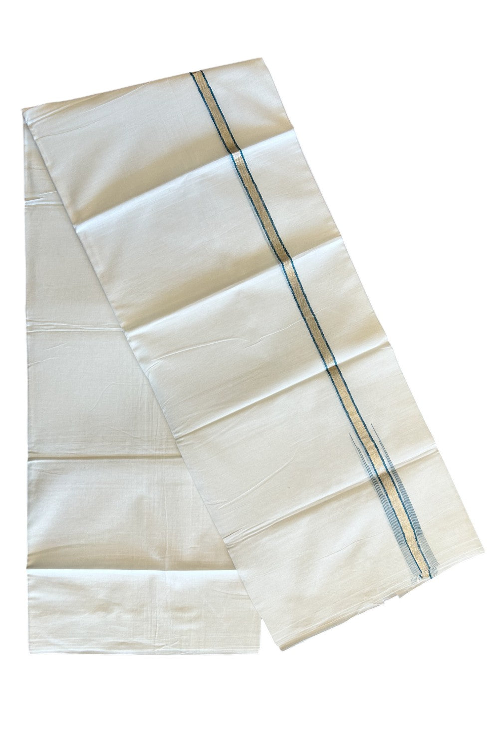 8% Discount ! Kaitharikada Balaramapuram 100% Cotton PURE WHITE Double Mundu/Dothi- 0.5 inch Silver Kasavu & Peacock Blue Striped Chutty Kara - 37KK5032GAN