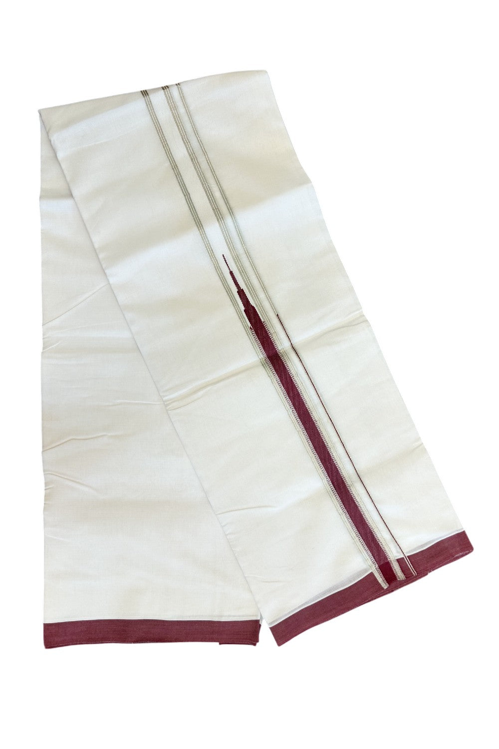 15% Discount !!KaithariKada Balaramapuram 100% Cotton PURE White Double Mundu/Dhoti - 100x100 - 1.75 inch Heavy Chutty Silver Kasavu & Maroon kara - 37KK5043ASH