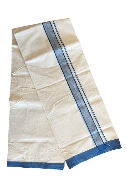 10% DISCOUNT ! KaithariKada Balaramapuram 100%  Cotton Double Off white - (Unbleached) Mundu/Dhoti-100X100- 2. inch BLUE & STRIPES Kara-1.