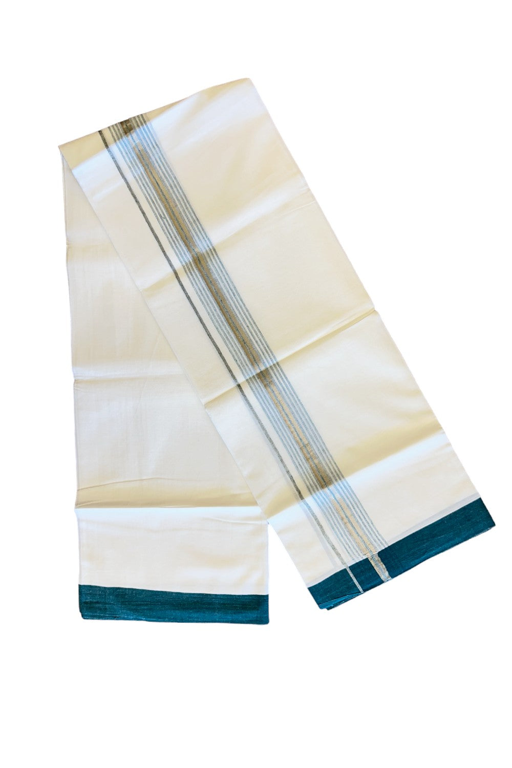 21% DISCOUNT!! Kaitharikada Balaramapuram 100% Cotton Ultra WHITE Double Mundu/Dothi-100x80  2.5 Inch PEACOCK GREEN & SILVER Striped Cotton Kara -37KK73VAS.