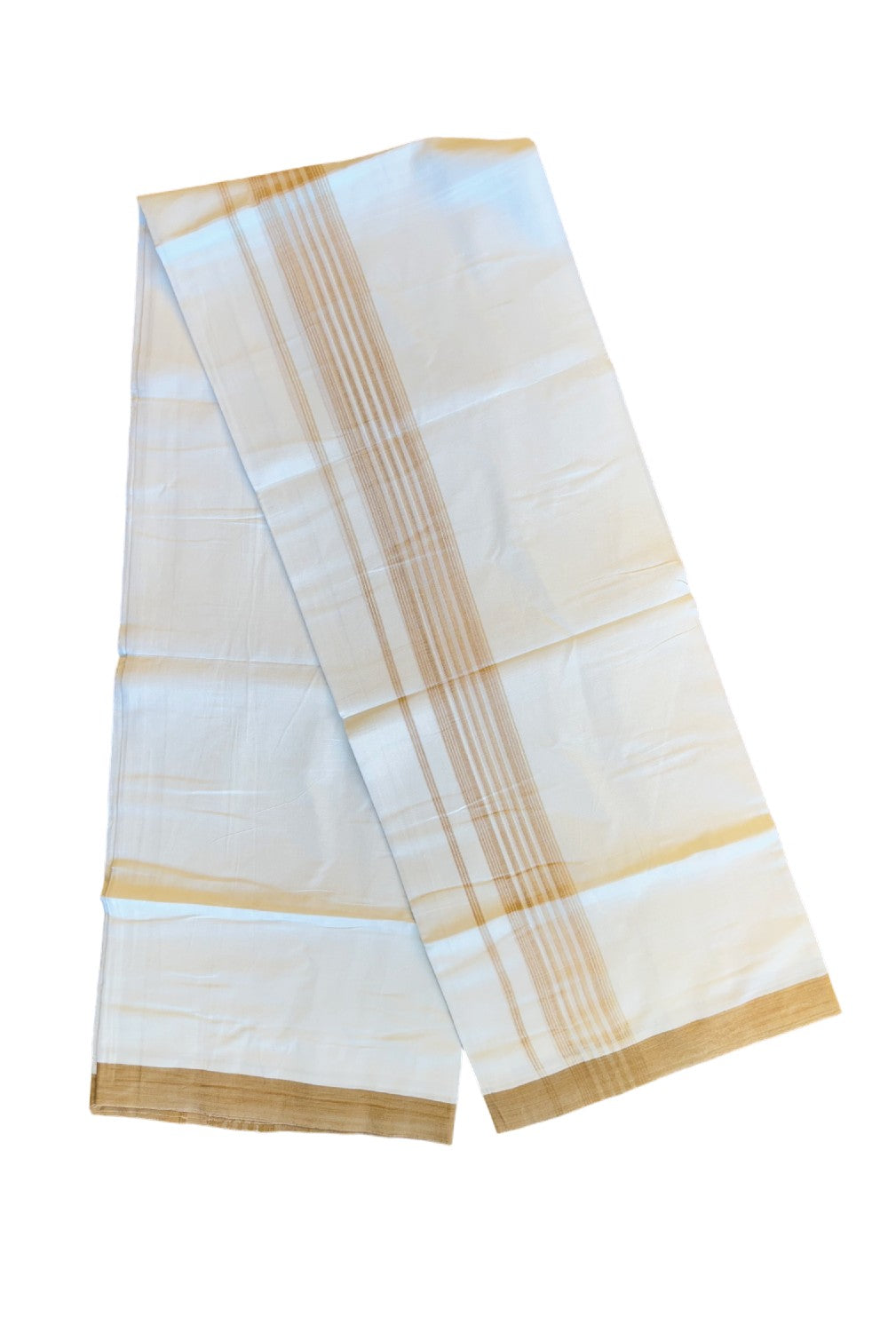 19% DISCOUNT!!! KaithariKada Balaramapuram 100% Cotton Double PURE white Mundu/Dhoti-100x100    2.75 Inch sand brown striped  kara  - 37KK83VIN