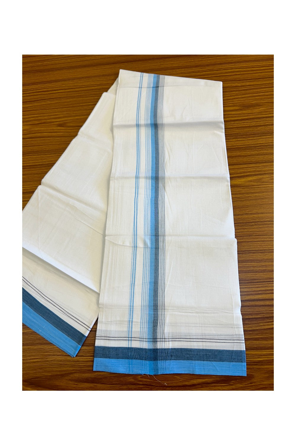 15% DISCOUNT!! Kaitharikada Balaramapuram 100% Cotton Ultra WHITE Double Mundu/Dothi-100x90  2.25 Inch Sky blue & Navy blue stripes kara - 37KK430VAS