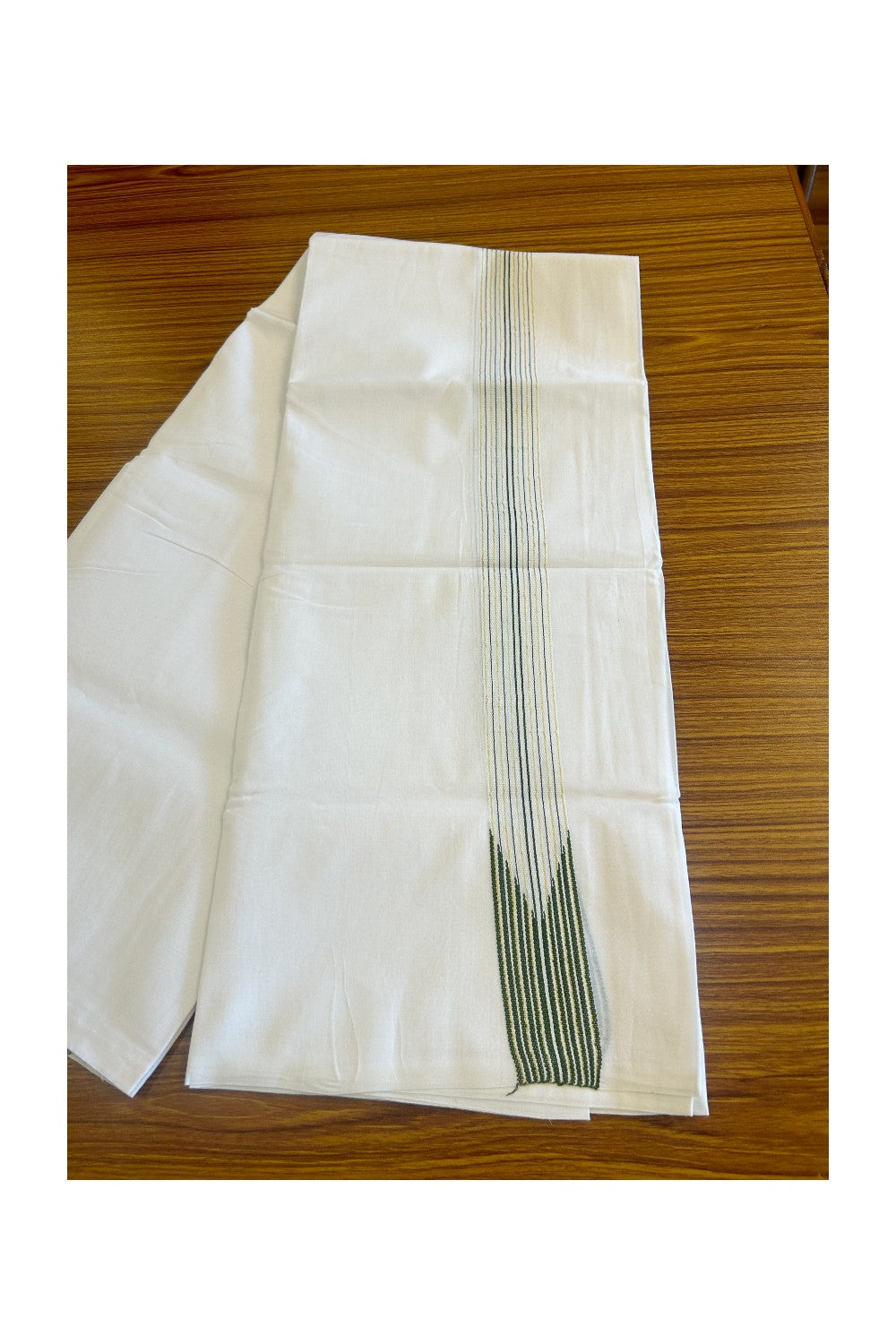 9% DISCOUNT!! KaithariKada Balaramapuram 100% Cotton PURE WHITE Double Mundu/Dhoti-100x100   1.5 inch  12 line Puliyilakkara chutty Kasavu & Dark olive green stripes - 37KK481ASH