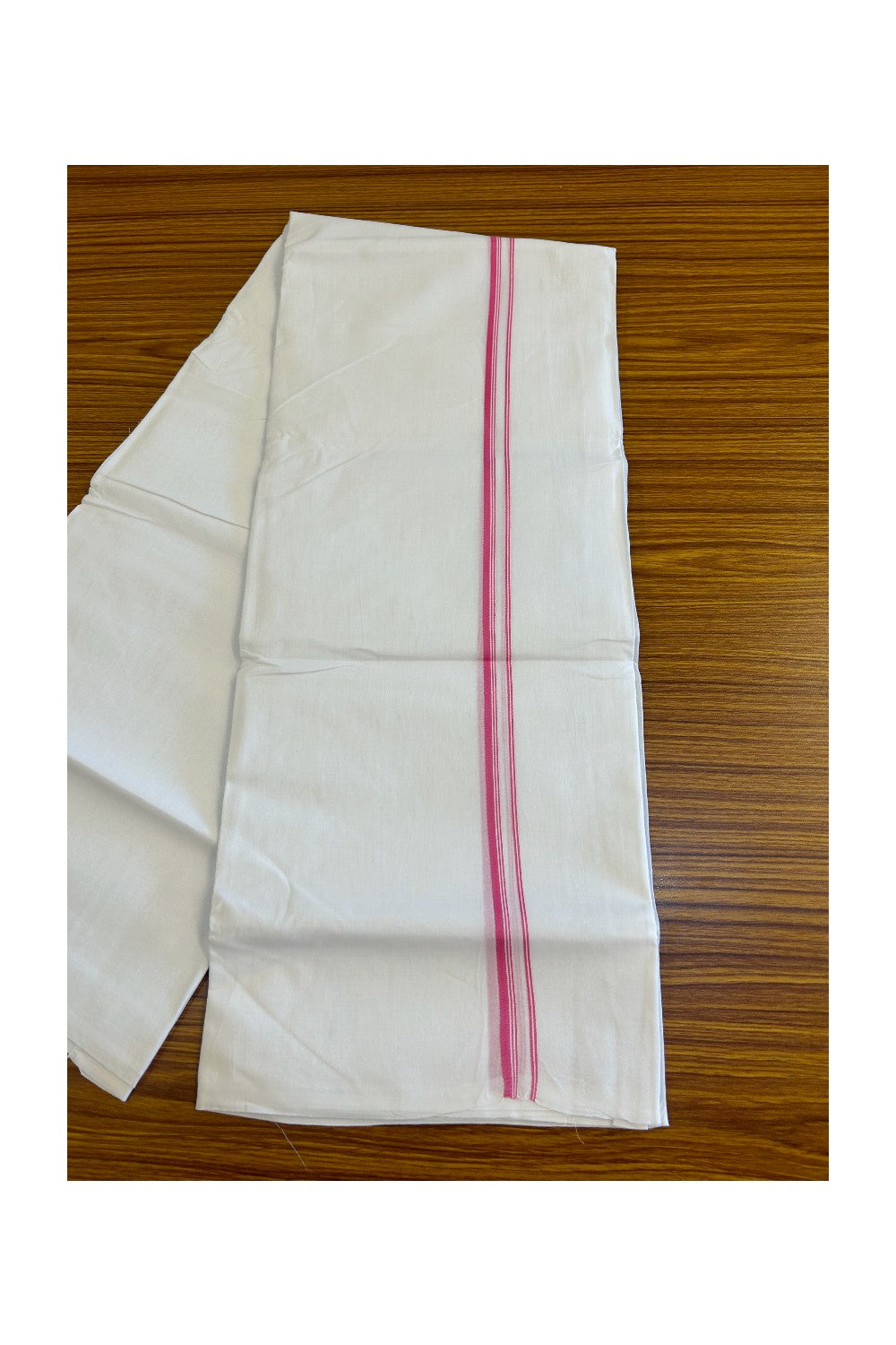 26% DISCOUNT ! KaithariKada Balaramapuram 100% Cotton Double Pure white Mundu/Dhoti-100X100 - Light Violet Pink & Stripes 2cm Kara.- 32KK487KK