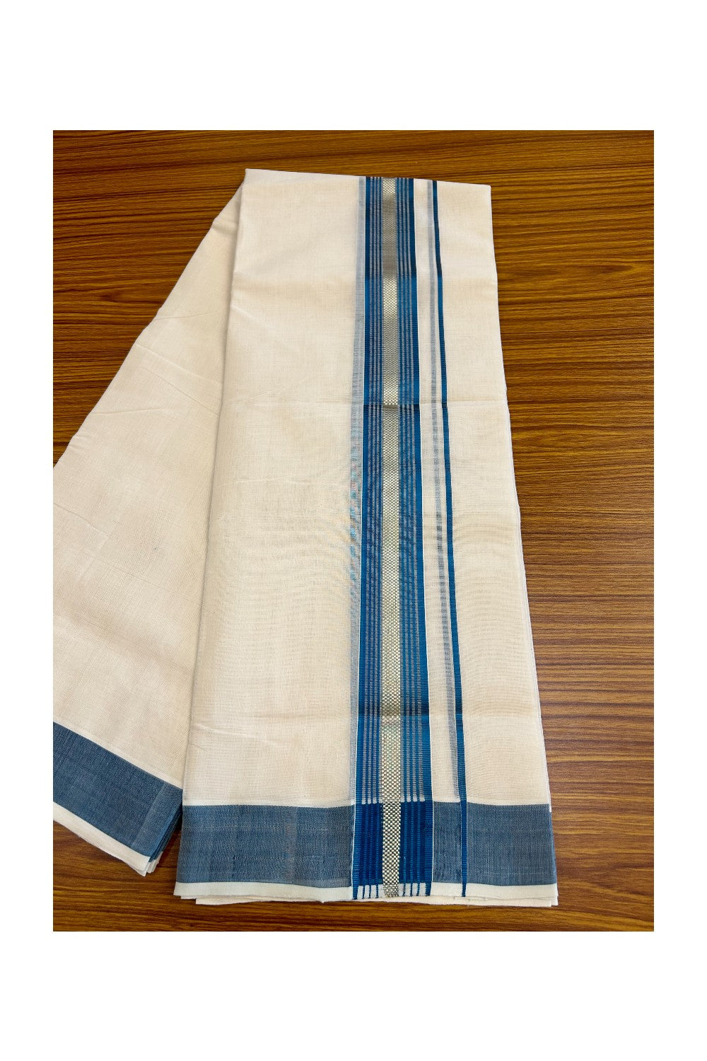 8% DISCOUNT!! KaithariKada HANDLOOM millpaav Balaramapuram - 100% PURE Cotton OFF White Double Mundu/Dothi - 2.75 inch   Peacock Blue & Gold Kasavu Striped kara - 37KK5029RAM