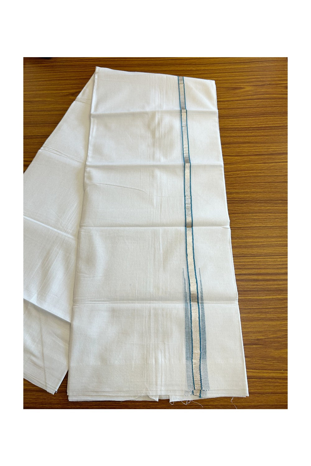 8% Discount ! Kaitharikada Balaramapuram 100% Cotton PURE WHITE Double Mundu/Dothi- 0.5 inch Silver Kasavu & Peacock Blue Striped Chutty Kara - 37KK5032GAN