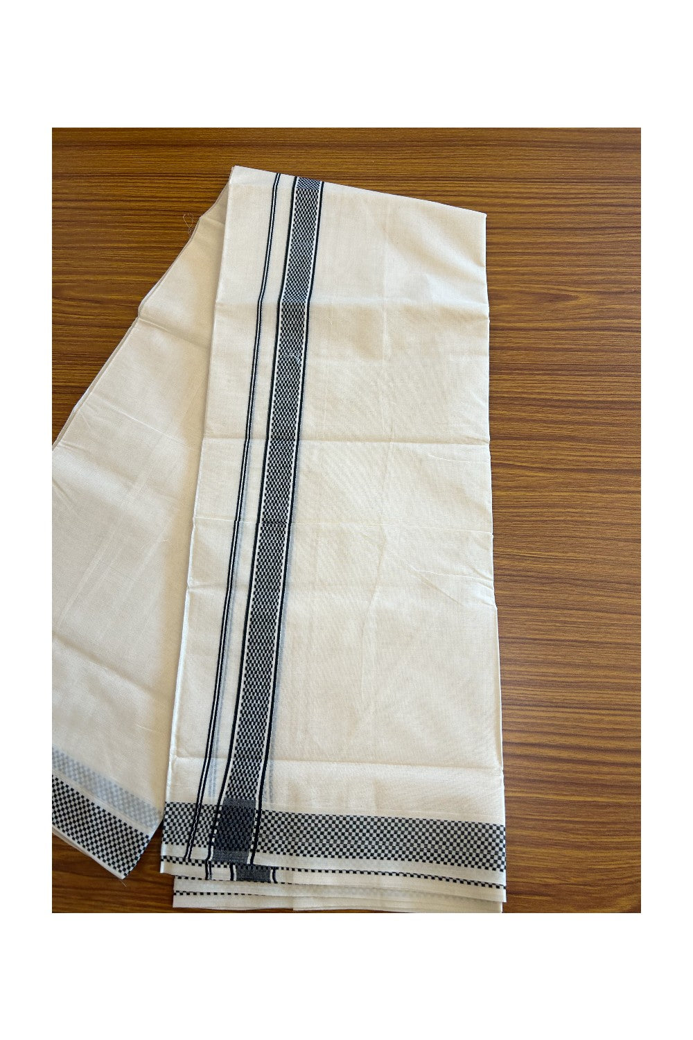 20% DISCOUNT ! KaithariKada Balaramapuram 100% Cotton off white (Unbleached) Double  Mundu/Dhoti - 100X90 - Black check design kara - 37KK5113pmc