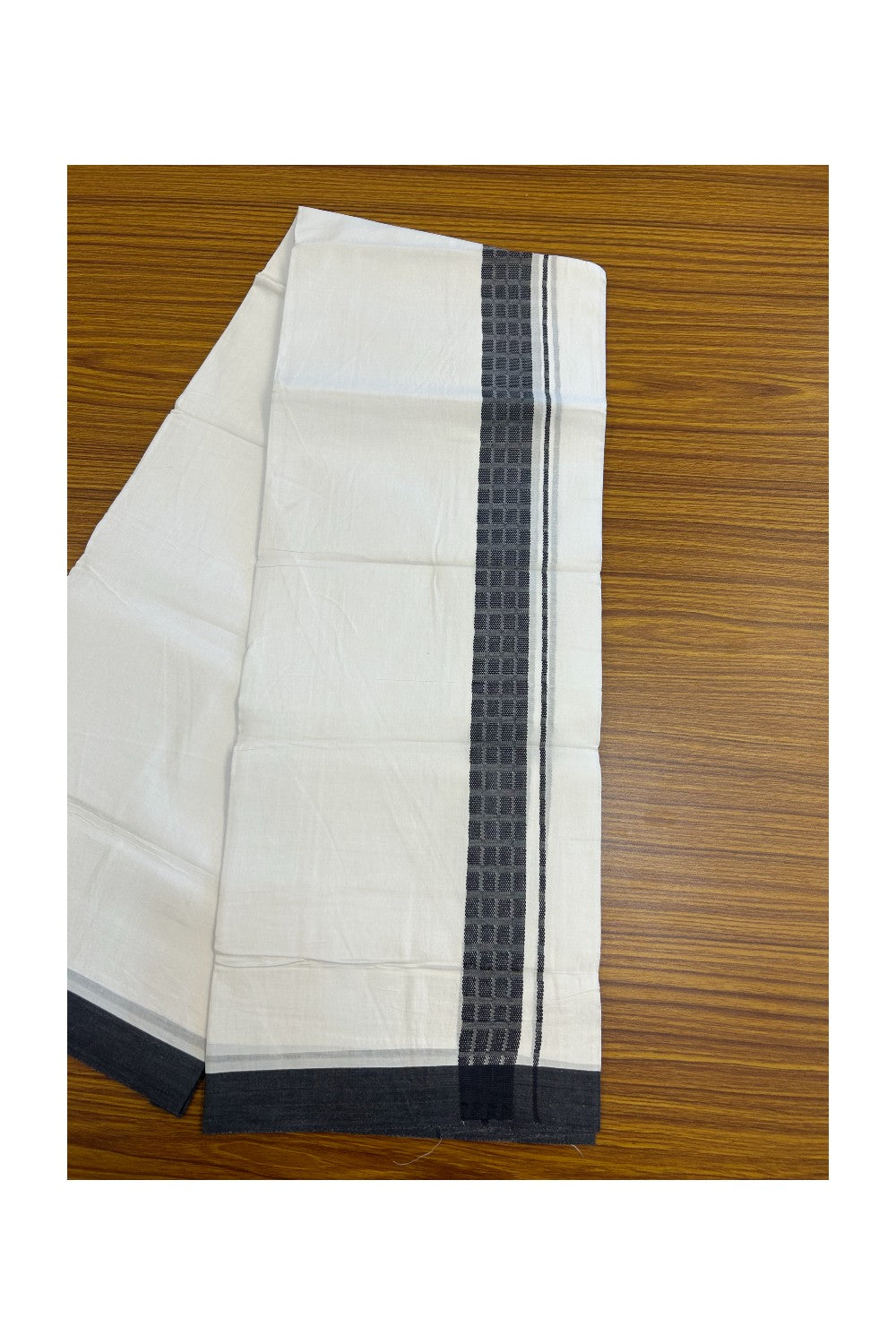 20% DISCOUNT! KaithariKada Balaramapuram Double PURE WHITE 100% Cotton Mundu/Dhoti - 100x80 - 1.5 inch Jacquard Black Check Kara - 37KK5139THI