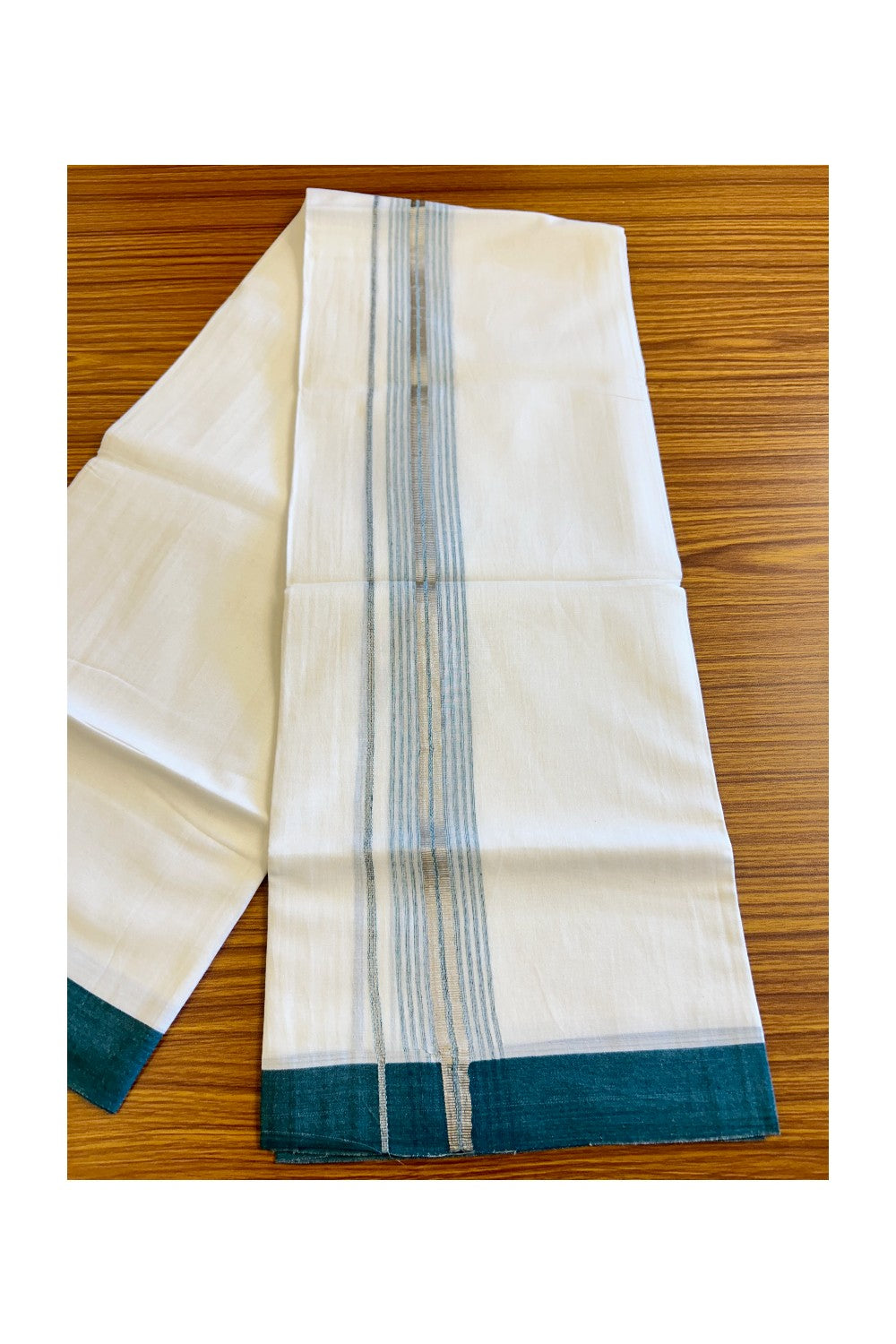 21% DISCOUNT!! Kaitharikada Balaramapuram 100% Cotton Ultra WHITE Double Mundu/Dothi-100x80  2.5 Inch PEACOCK GREEN & SILVER Striped Cotton Kara -37KK73VAS.