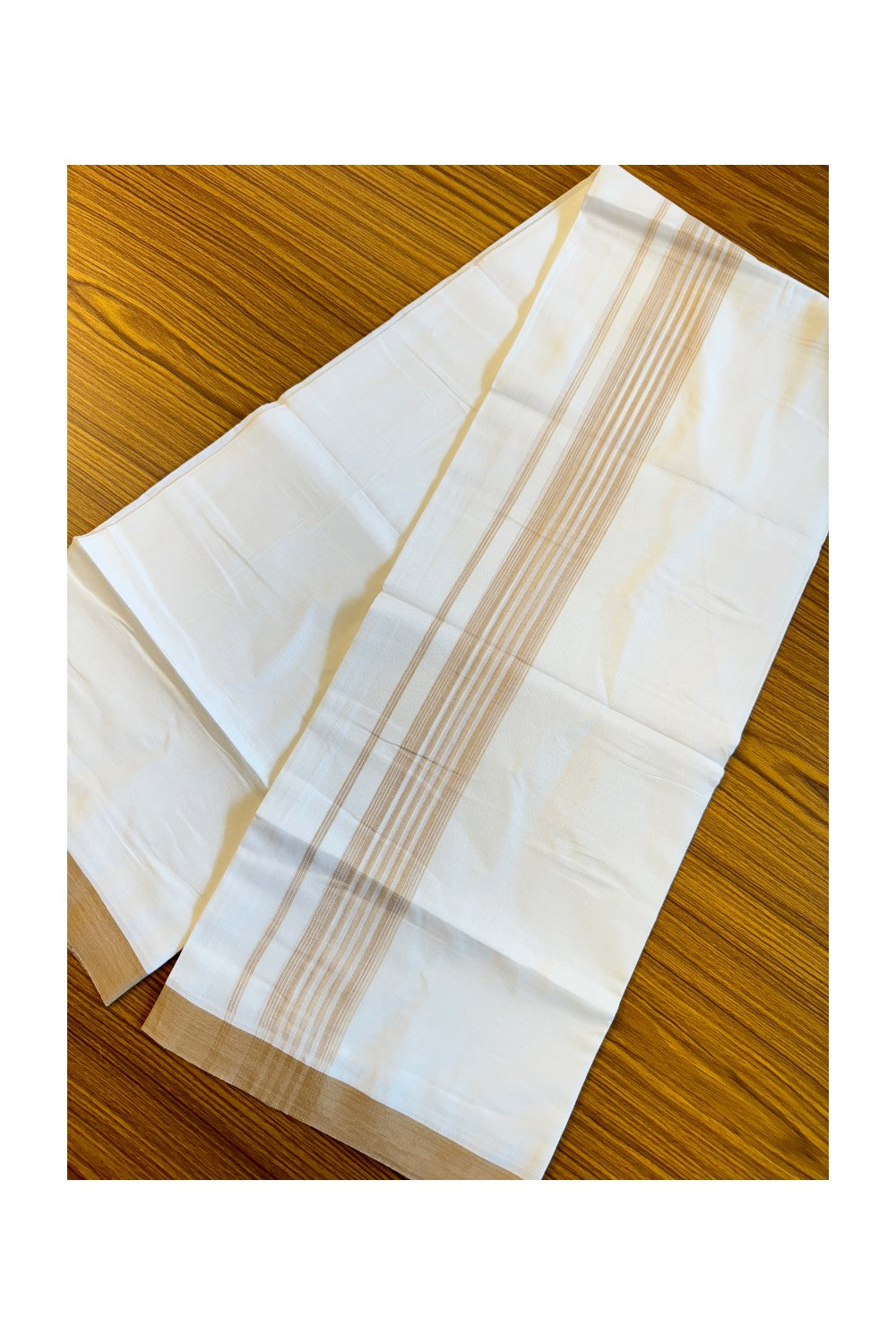 19% DISCOUNT!!! KaithariKada Balaramapuram 100% Cotton Double PURE white Mundu/Dhoti-100x100    2.75 Inch sand brown striped  kara  - 37KK83VIN