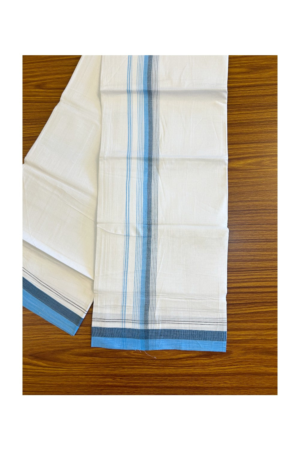 15% DISCOUNT!! Kaitharikada Balaramapuram 100% Cotton Ultra WHITE Double Mundu/Dothi-100x90  2.25 Inch Sky blue & Navy blue stripes kara - 37KK430VAS