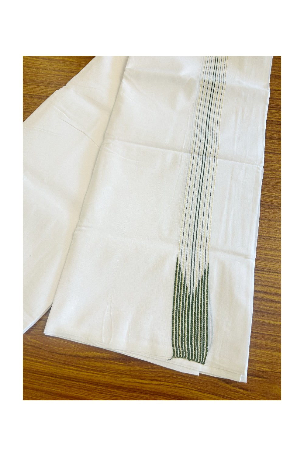 9% DISCOUNT!! KaithariKada Balaramapuram 100% Cotton PURE WHITE Double Mundu/Dhoti-100x100   1.5 inch  12 line Puliyilakkara chutty Kasavu & Dark olive green stripes - 37KK481ASH