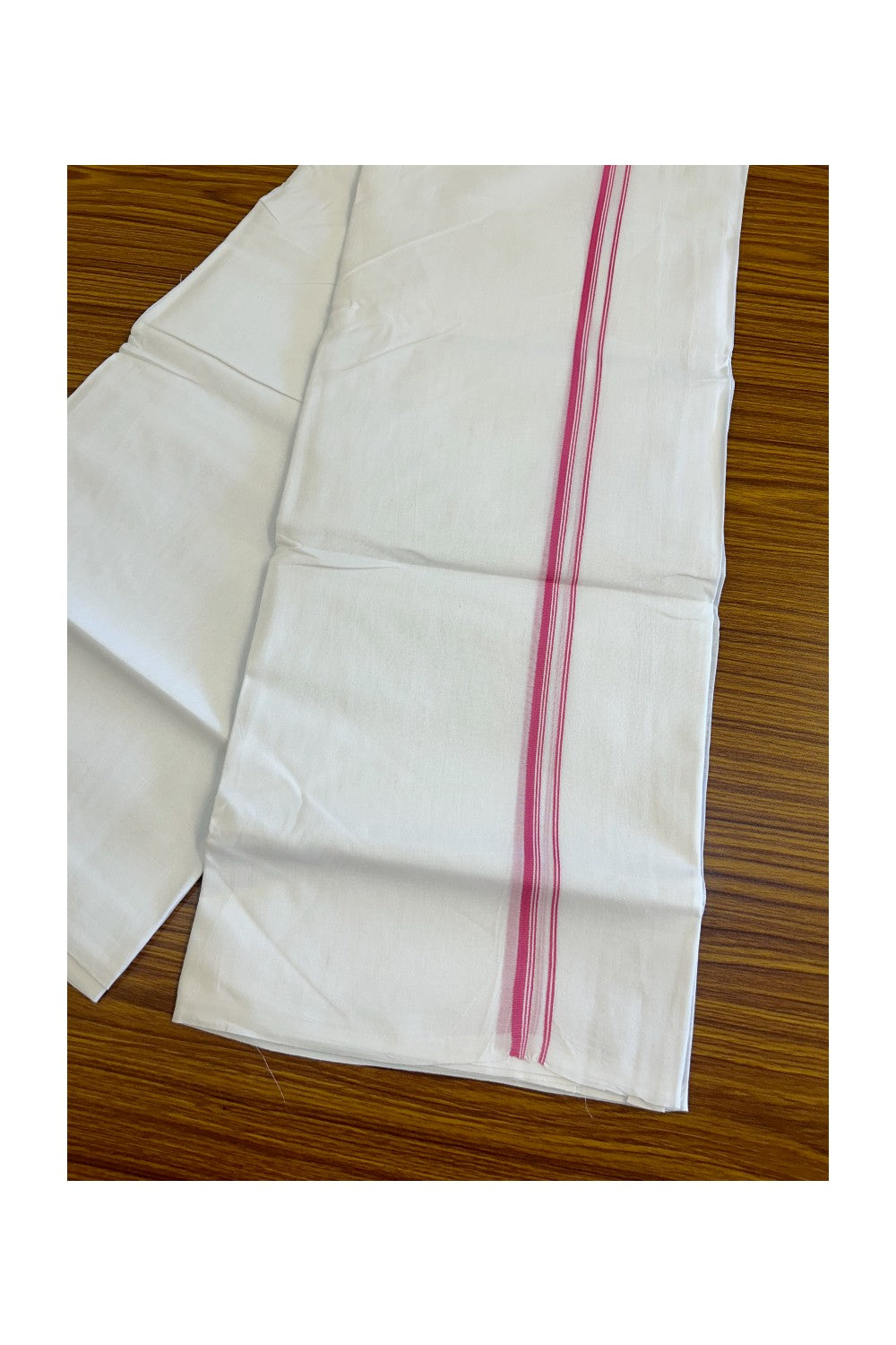 26% DISCOUNT ! KaithariKada Balaramapuram 100% Cotton Double Pure white Mundu/Dhoti-100X100 - Light Violet Pink & Stripes 2cm Kara.- 32KK487KK