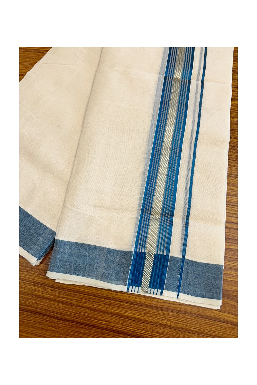 8% DISCOUNT!! KaithariKada HANDLOOM millpaav Balaramapuram - 100% PURE Cotton OFF White Double Mundu/Dothi - 2.75 inch   Peacock Blue & Gold Kasavu Striped kara - 37KK5029RAM