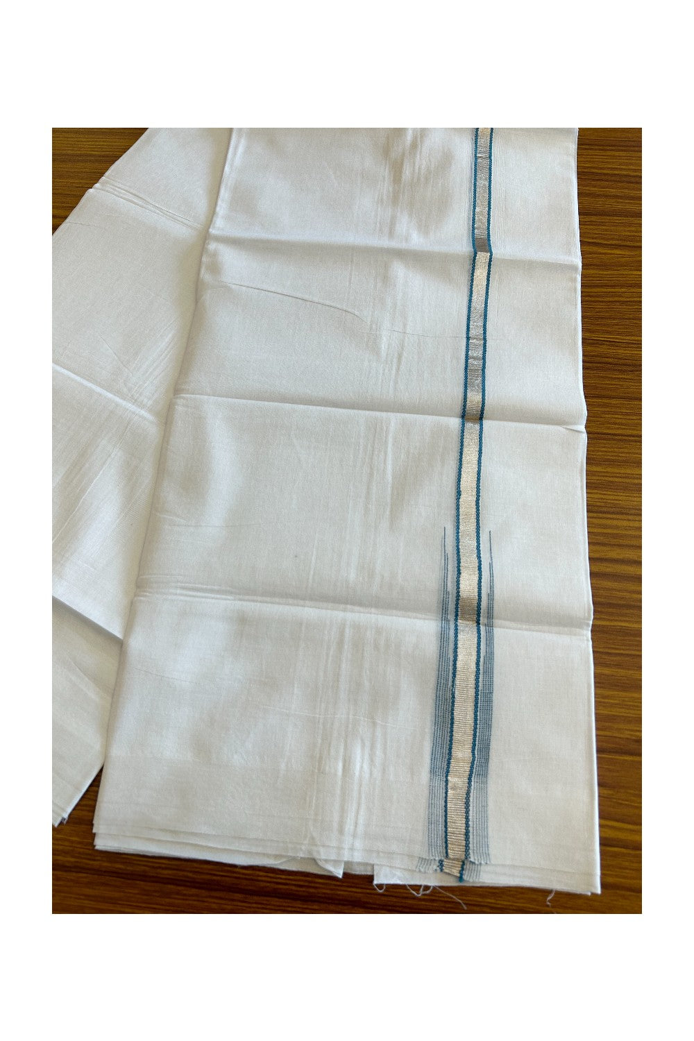 8% Discount ! Kaitharikada Balaramapuram 100% Cotton PURE WHITE Double Mundu/Dothi- 0.5 inch Silver Kasavu & Peacock Blue Striped Chutty Kara - 37KK5032GAN