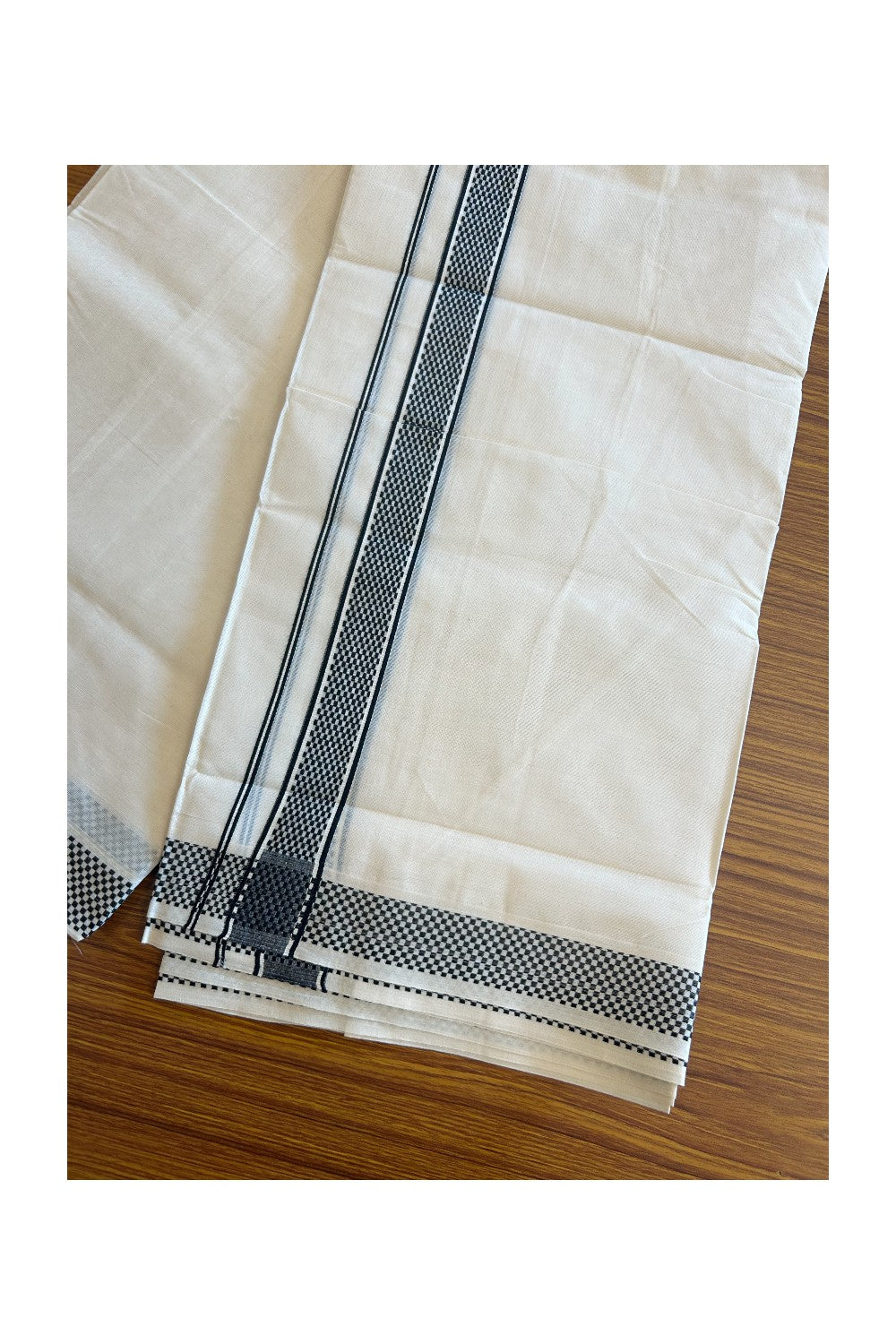 20% DISCOUNT ! KaithariKada Balaramapuram 100% Cotton off white (Unbleached) Double  Mundu/Dhoti - 100X90 - Black check design kara - 37KK5113pmc